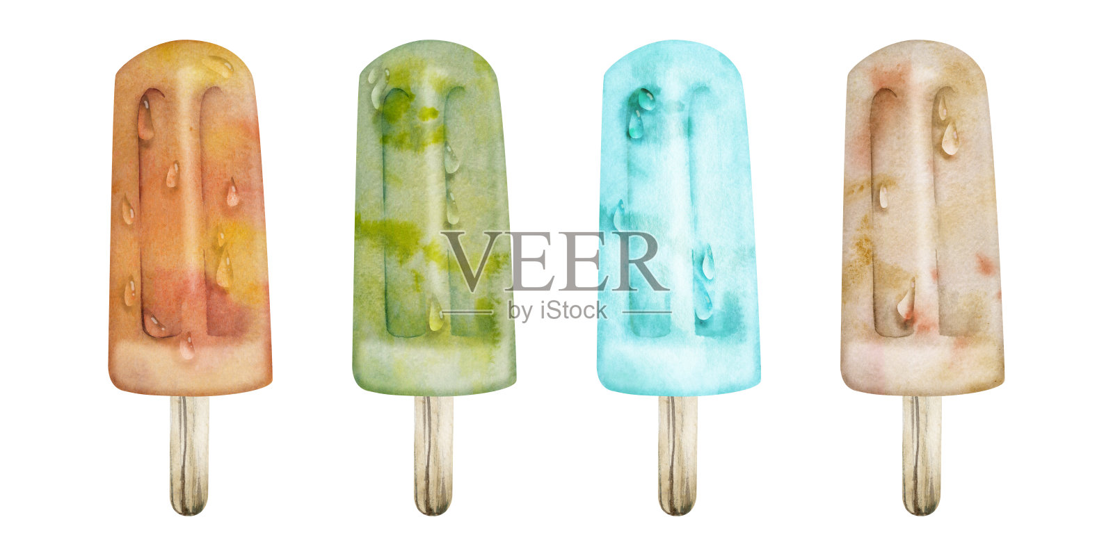 各种口味的自制冰棒混合，冰冻的冰棍，清爽的夏季小吃，带水珠。手绘水彩插图，产品包装，生态菜单艺术。插画图片素材
