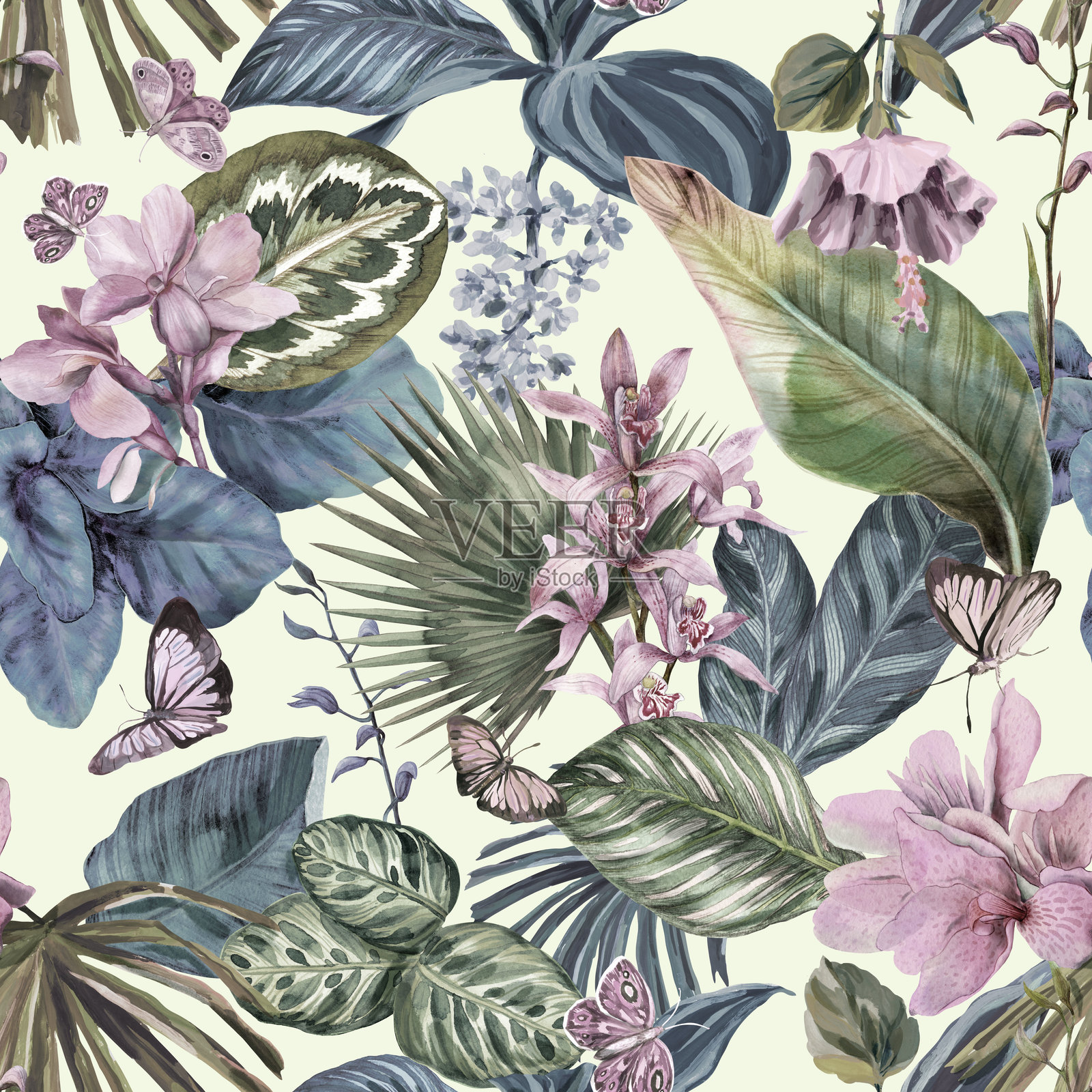 热带图案，包含水彩绘制的叶子、花朵和蝴蝶。热带无缝背景，展现异国植物和蝴蝶。插画图片素材