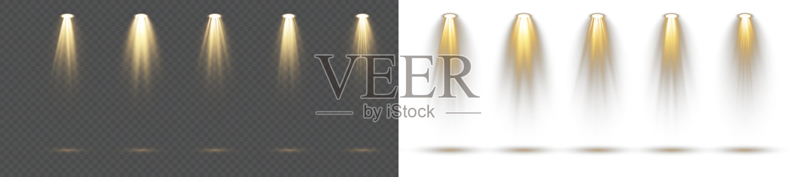 创意矢量聚光灯套件。明亮的舞台光束、独立的发光灯光和透明背景上的投影照明，非常适合音乐会横幅、剧院设计、工作室和娱乐用途。插画图片素材