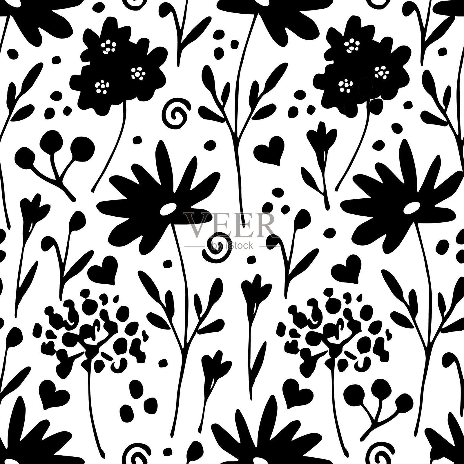 简单的花卉矢量无缝图案。黑色野花剪影在白色背景上。适用于面料印刷和纺织品。插画图片素材