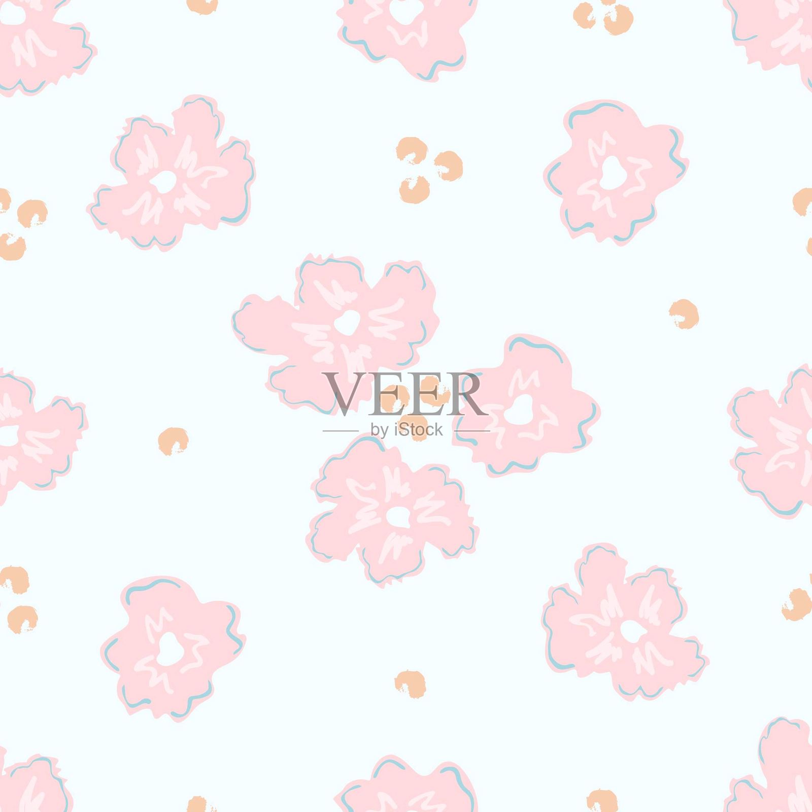 柔和的花卉矢量无缝图案。淡蓝色背景上的精致粉色花朵。适用于面料印刷、纺织品、夏季和儿童服装。插画图片素材