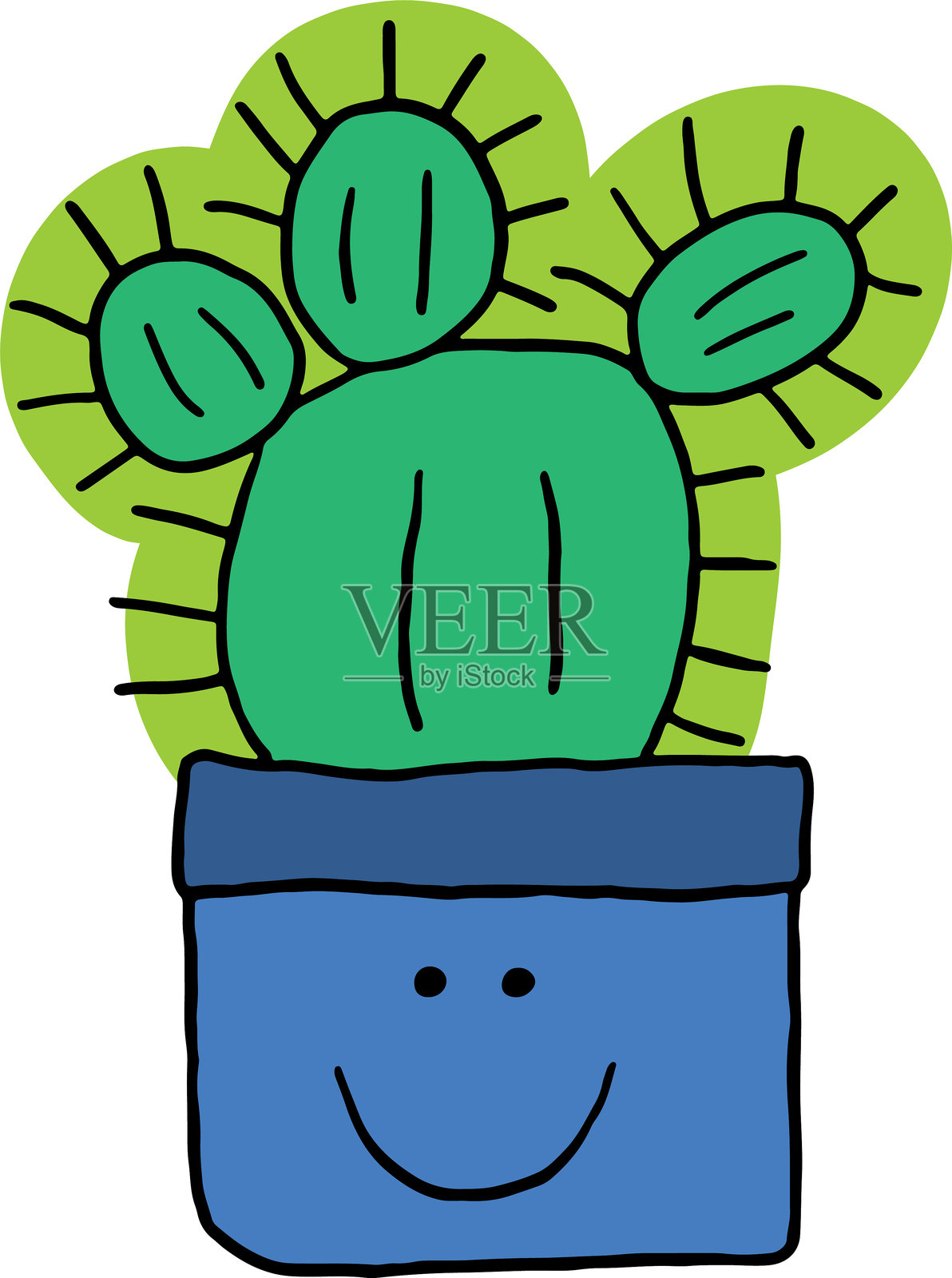 快乐的蓝色花盆，带有微笑的脸和生长在其中的绿色仙人掌。手绘涂鸦儿童画。可爱的儿童背景，适合您的设计。矢量卡通元素。插画图片素材