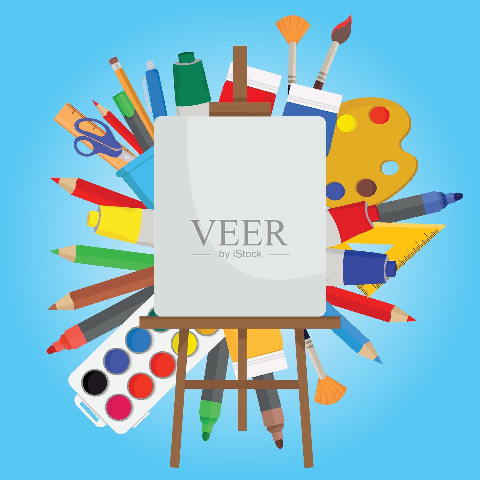 绘画工具 画架 水彩腮红 水粉颜料 调色板 铅笔 艺术家日插画图片素材