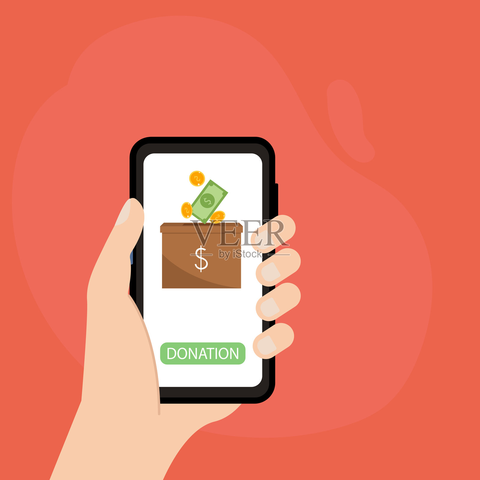 手握智能手机进行在线捐款。矢量插图插画图片素材