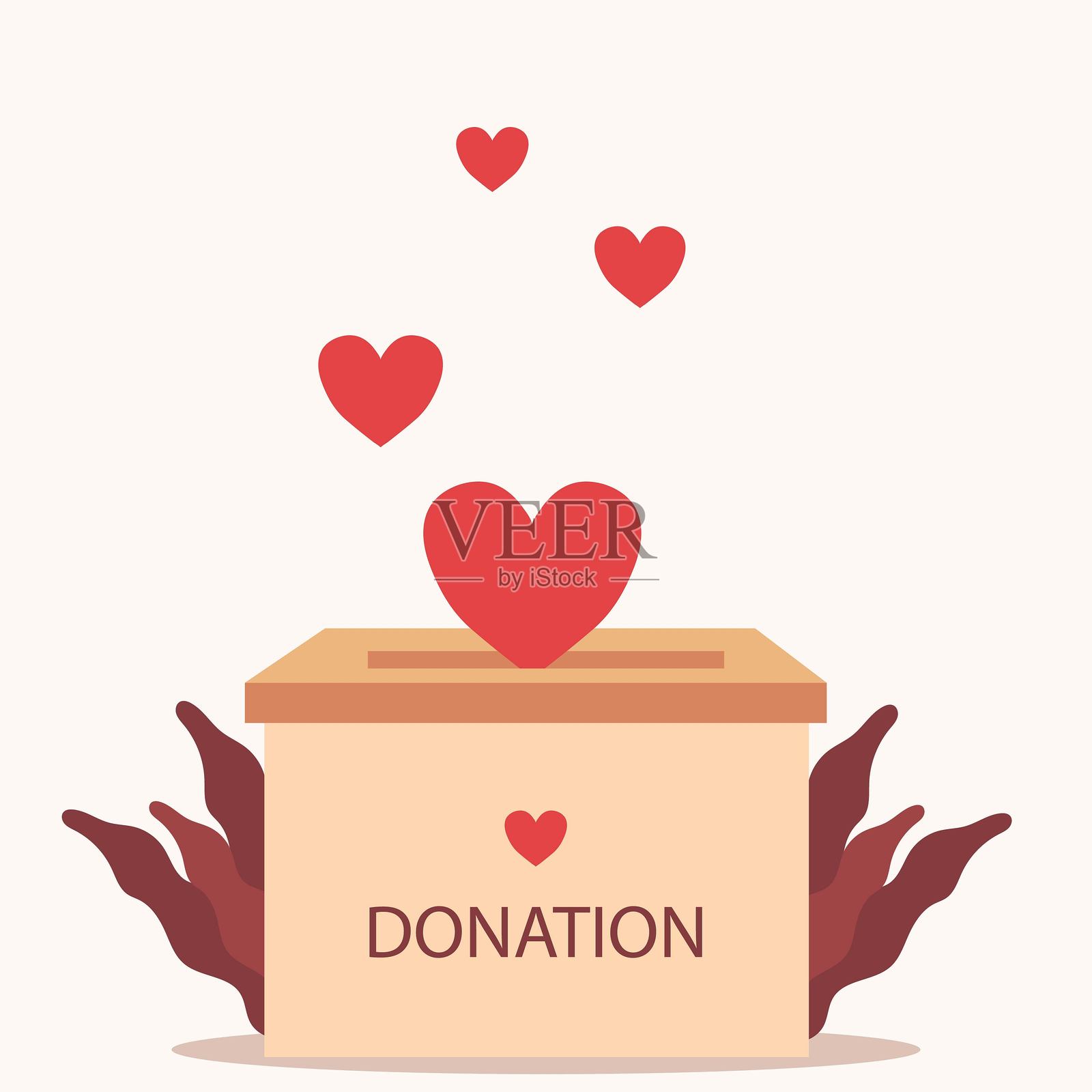 带有心形图案的捐款箱，心形从箱子中飞出，矢量插图。插画图片素材