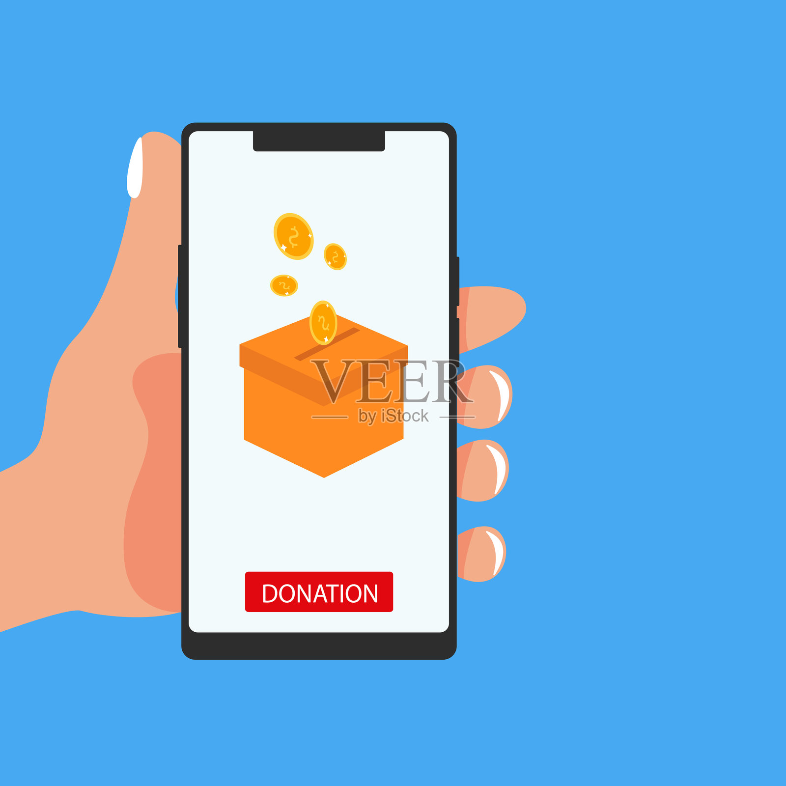 手握智能手机进行在线捐款。矢量插图插画图片素材