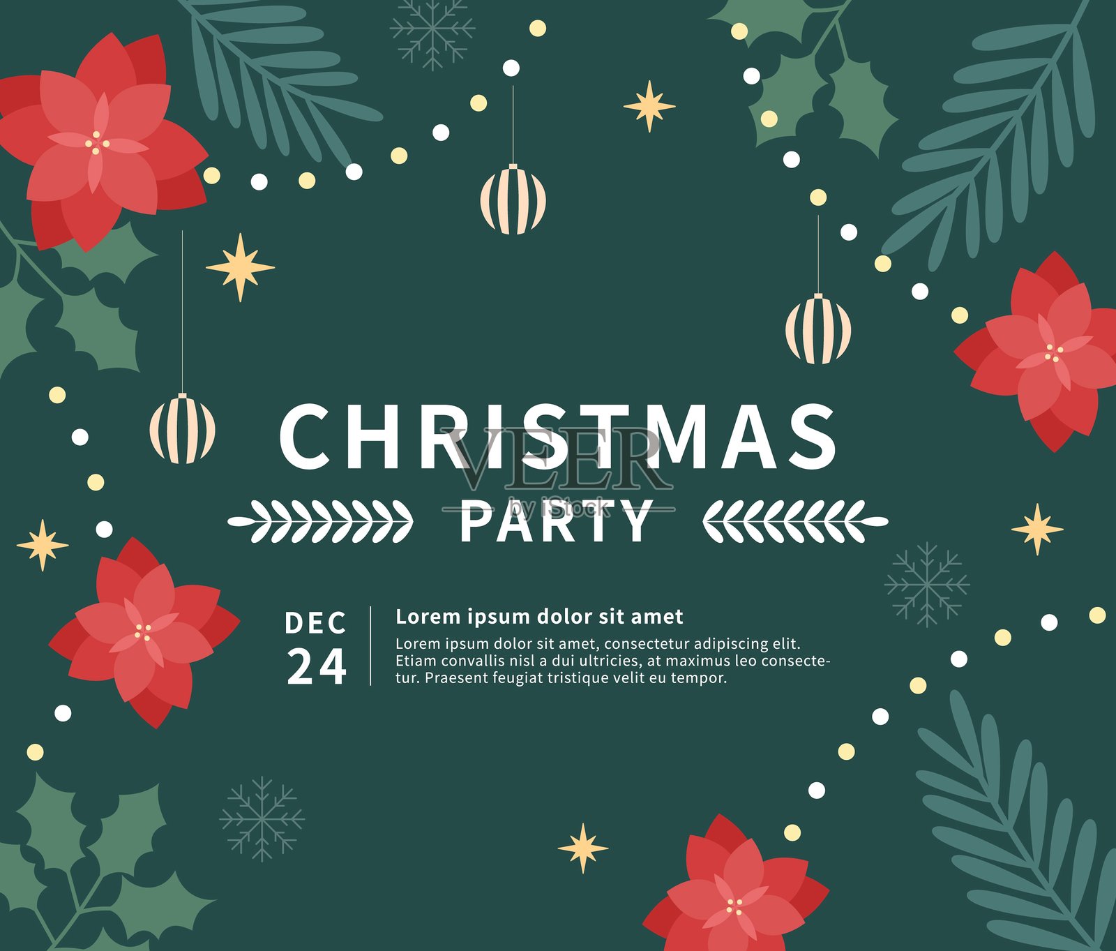 圣诞卡片模板，配有一品红花和装饰品。插画图片素材