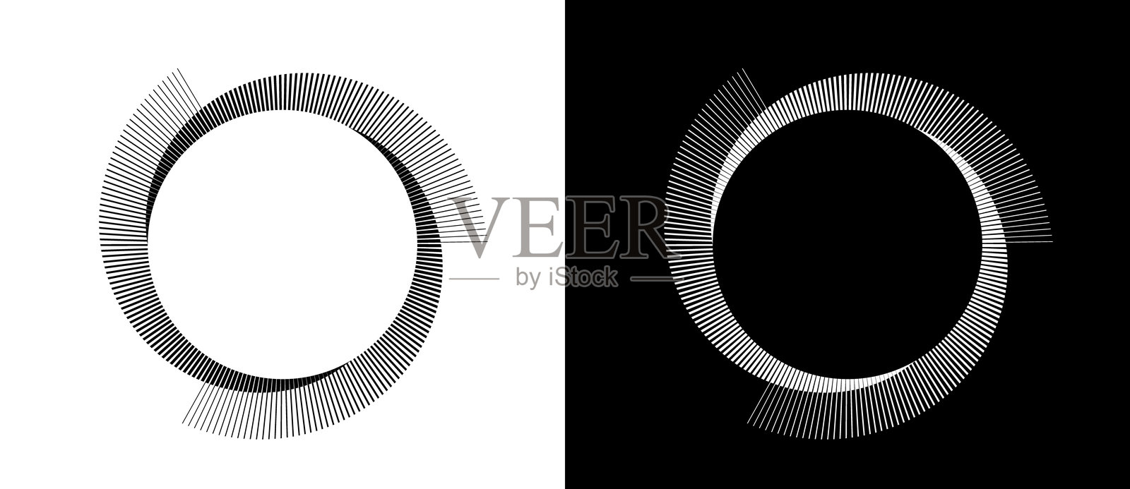抽象背景中的圆形线条。艺术设计的螺旋形状作为标志或图标。黑色图形在白色背景上，白色图形在黑色背景上。插画图片素材