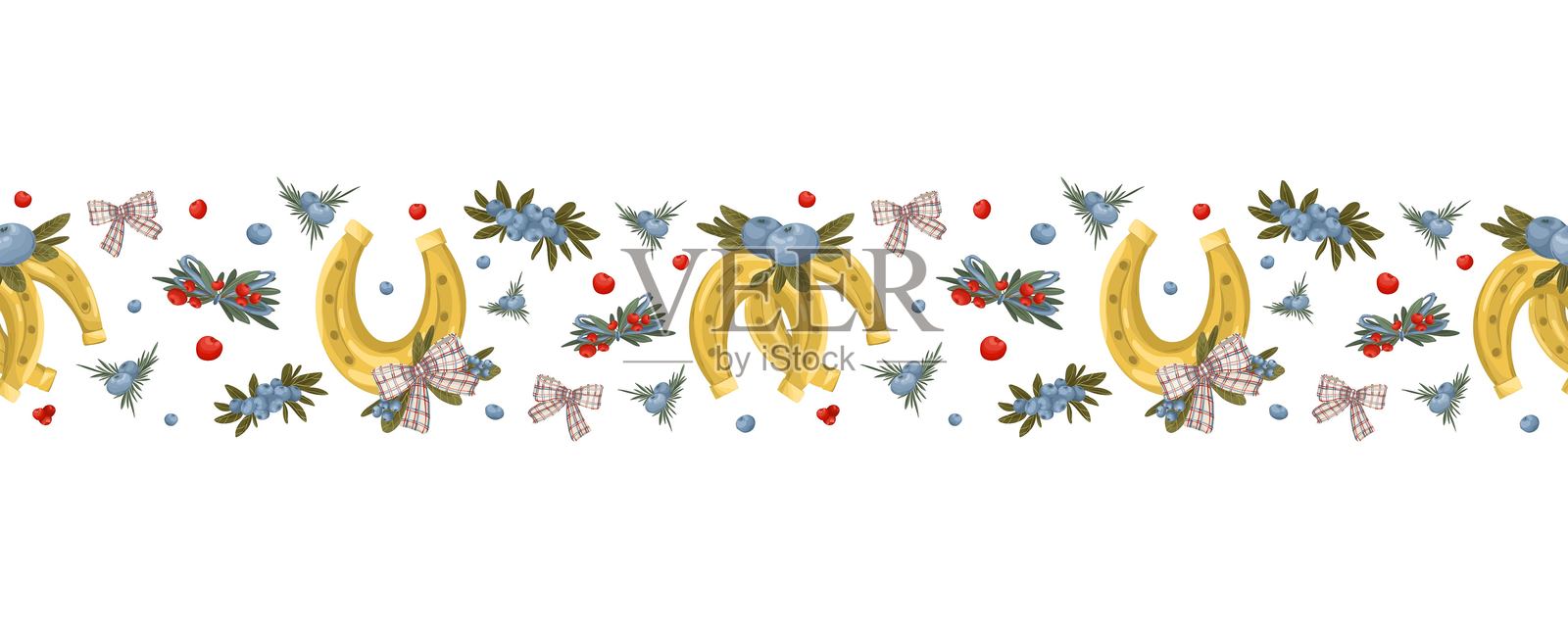 手绘金色马蹄、蝴蝶结和浆果的横向无缝边框。节日插图。插画图片素材