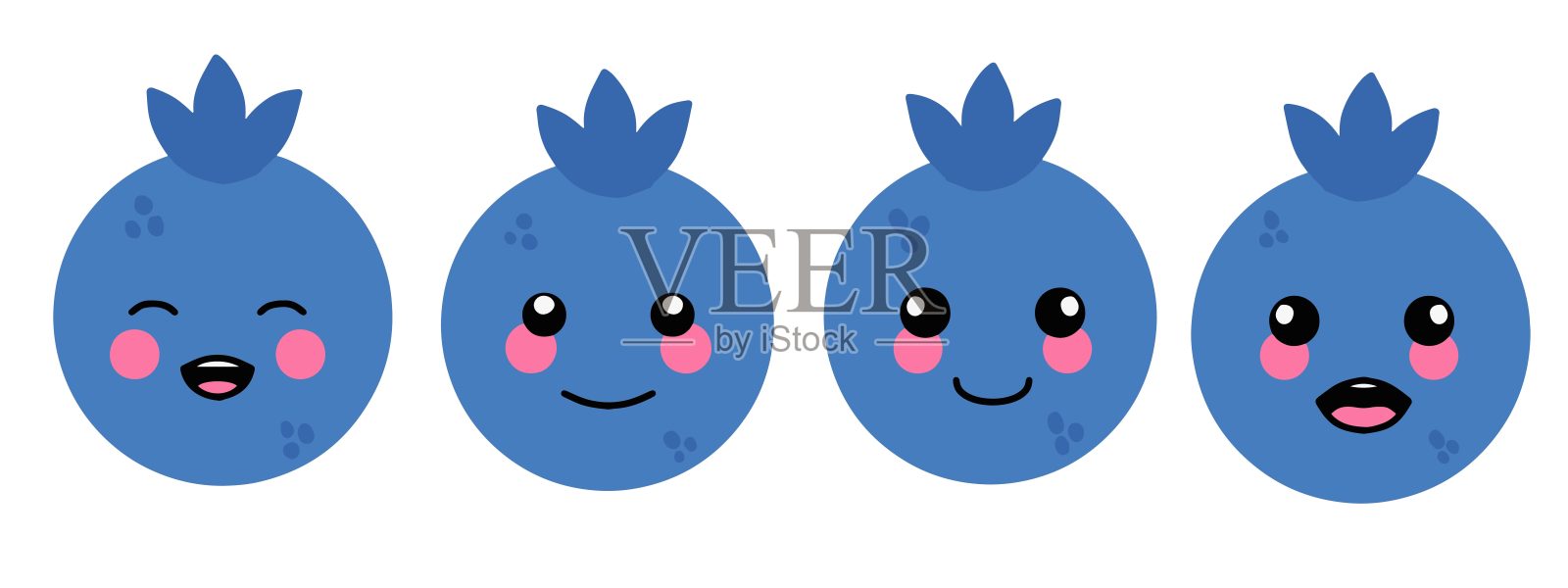 手绘可爱微笑蓝莓角色表情符号，卡通面孔矢量插图插画图片素材