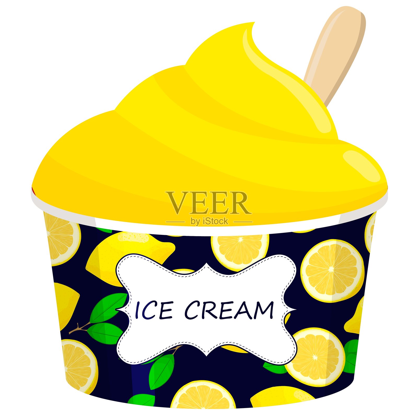 容器中的柠檬冰淇淋和勺子。手绘图标，背景为白色。插画图片素材
