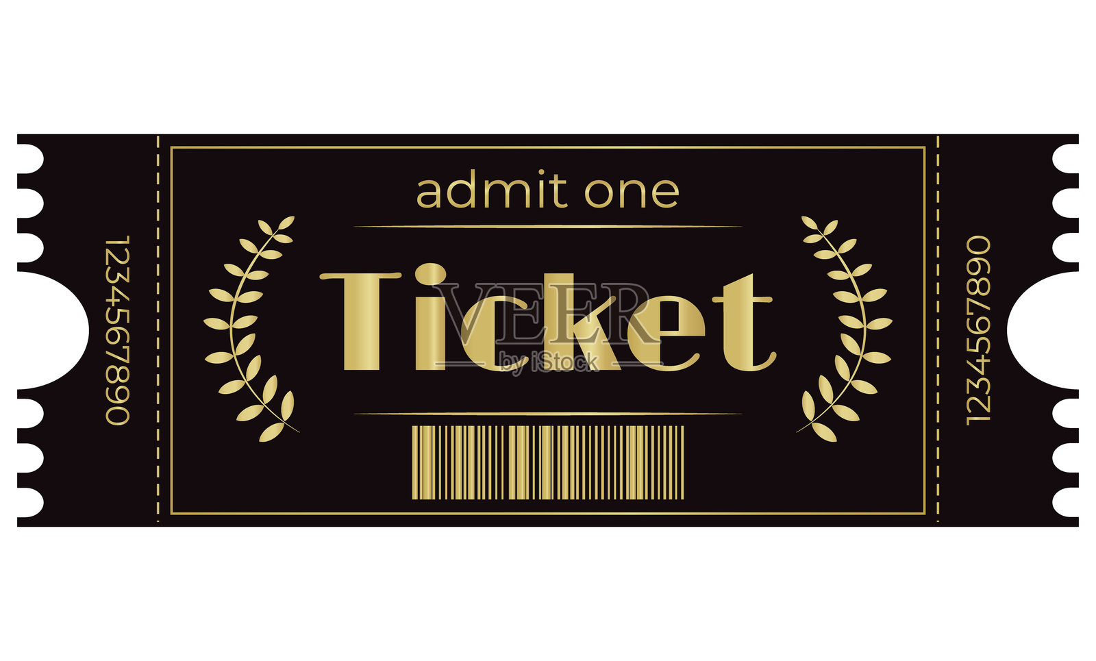 带月桂花环的票，金色，条形码，黑色背景，VIP，独家，时尚插画图片素材