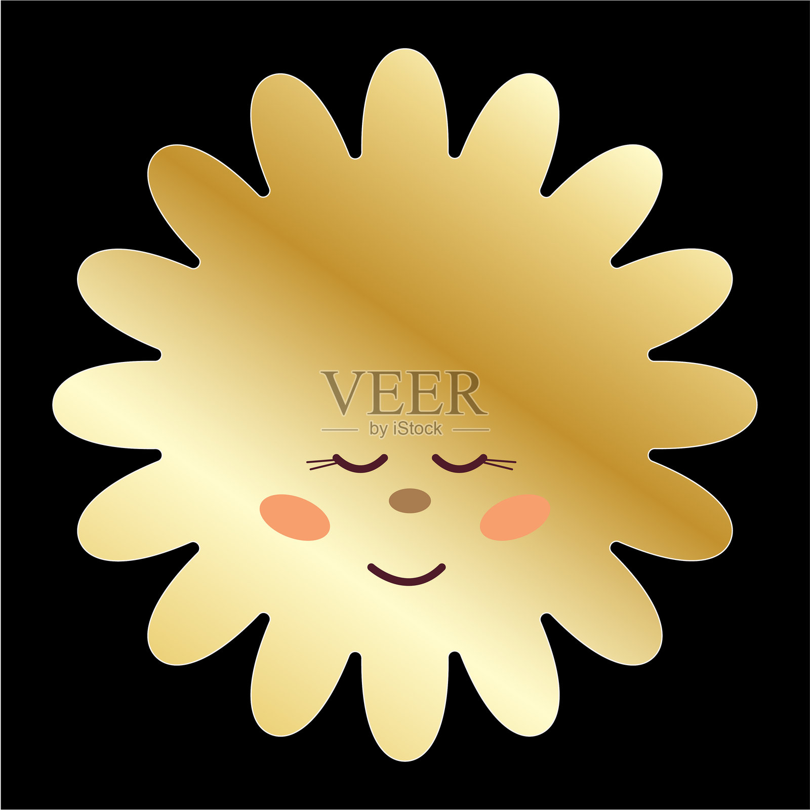 可爱的卡哇伊花朵角色图标。卡通金色复古花卉装饰，适合婴儿洗礼派对设计。梦幻浪漫的婴儿房印刷魔法波西米亚花朵元素。插画图片素材