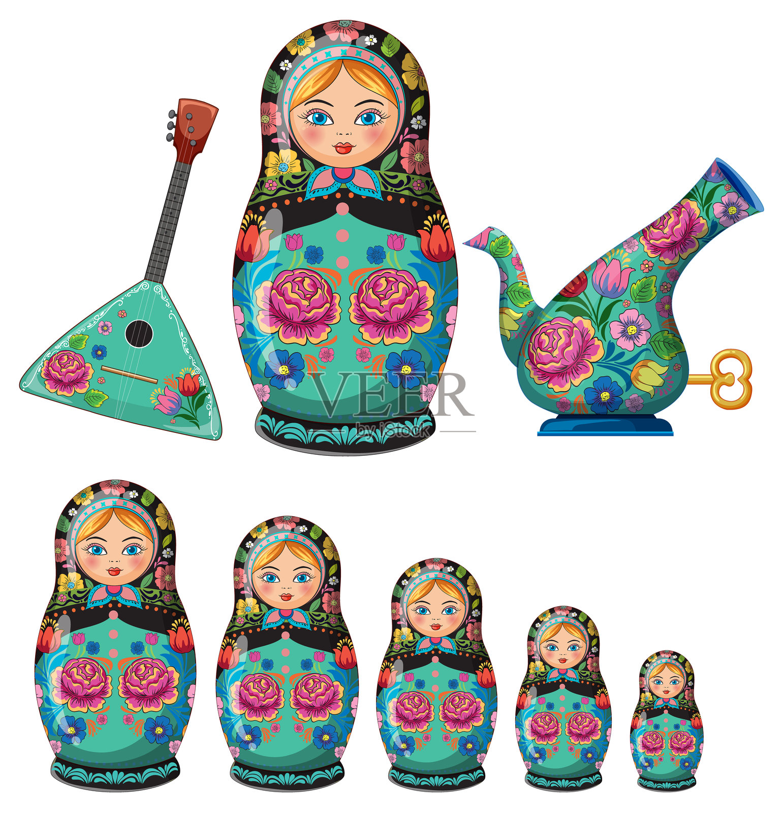 传统俄罗斯套娃与巴拉莱卡和茶壶插画图片素材