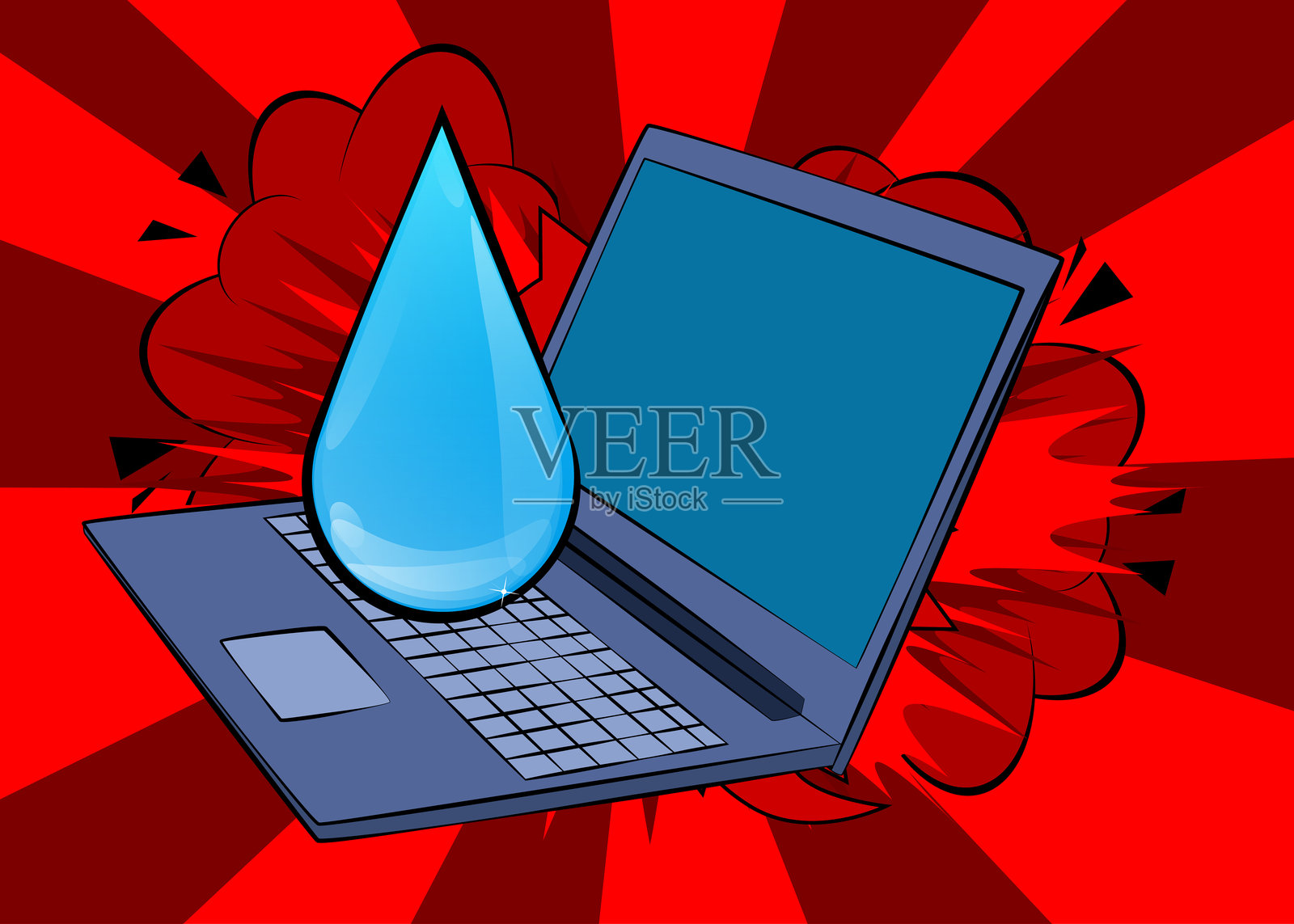 卡通笔记本电脑，带水滴的漫画书笔记本。复古矢量漫画流行艺术设计。插画图片素材