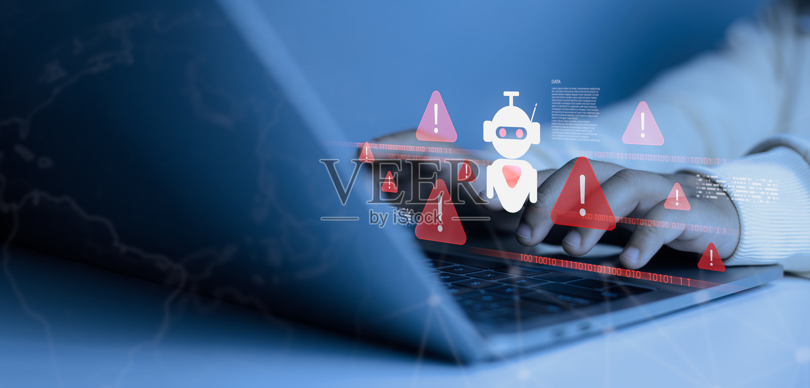 手在笔记本电脑上打字，旁边有人工智能机器人图标和警告提示，概念涉及网络安全威胁、恶意软件攻击、人工智能风险和在线数据保护。照片摄影图片