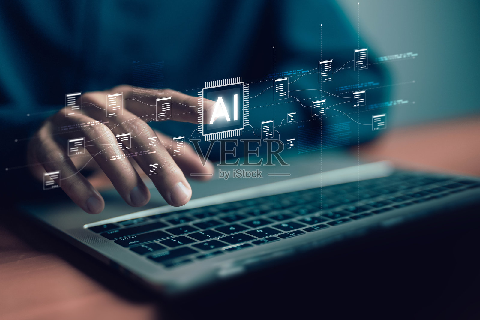 特写镜头，双手在笔记本电脑上打字，显示人工智能数字界面，代表人工智能、数据处理、机器学习技术，体现现代创新与自动化。AI处理照片摄影图片