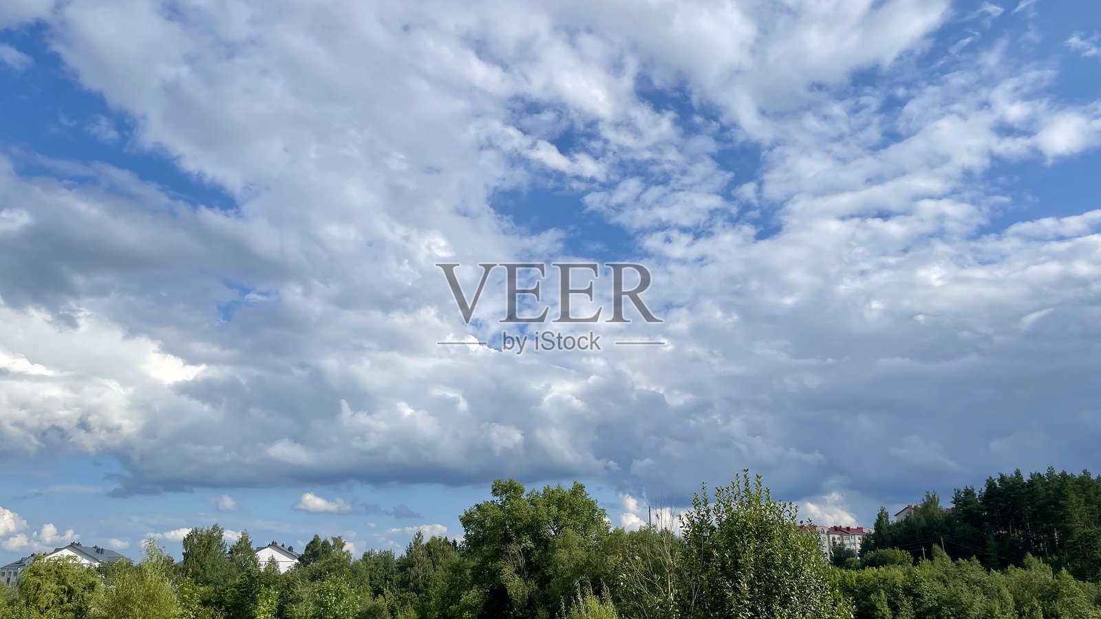 森林和建筑物上方的多云天空照片摄影图片