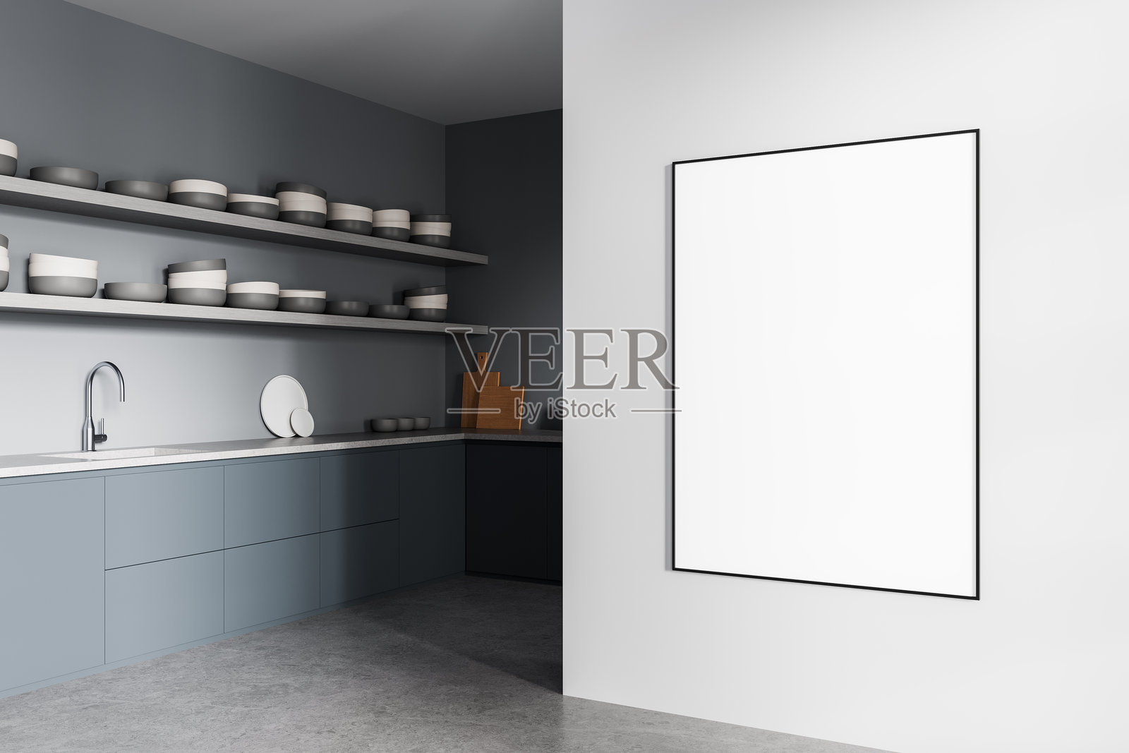 现代厨房室内，白色墙壁上的空白海报，适用于设计展示或艺术作品展示模板，极简风格家居。3D渲染。照片摄影图片