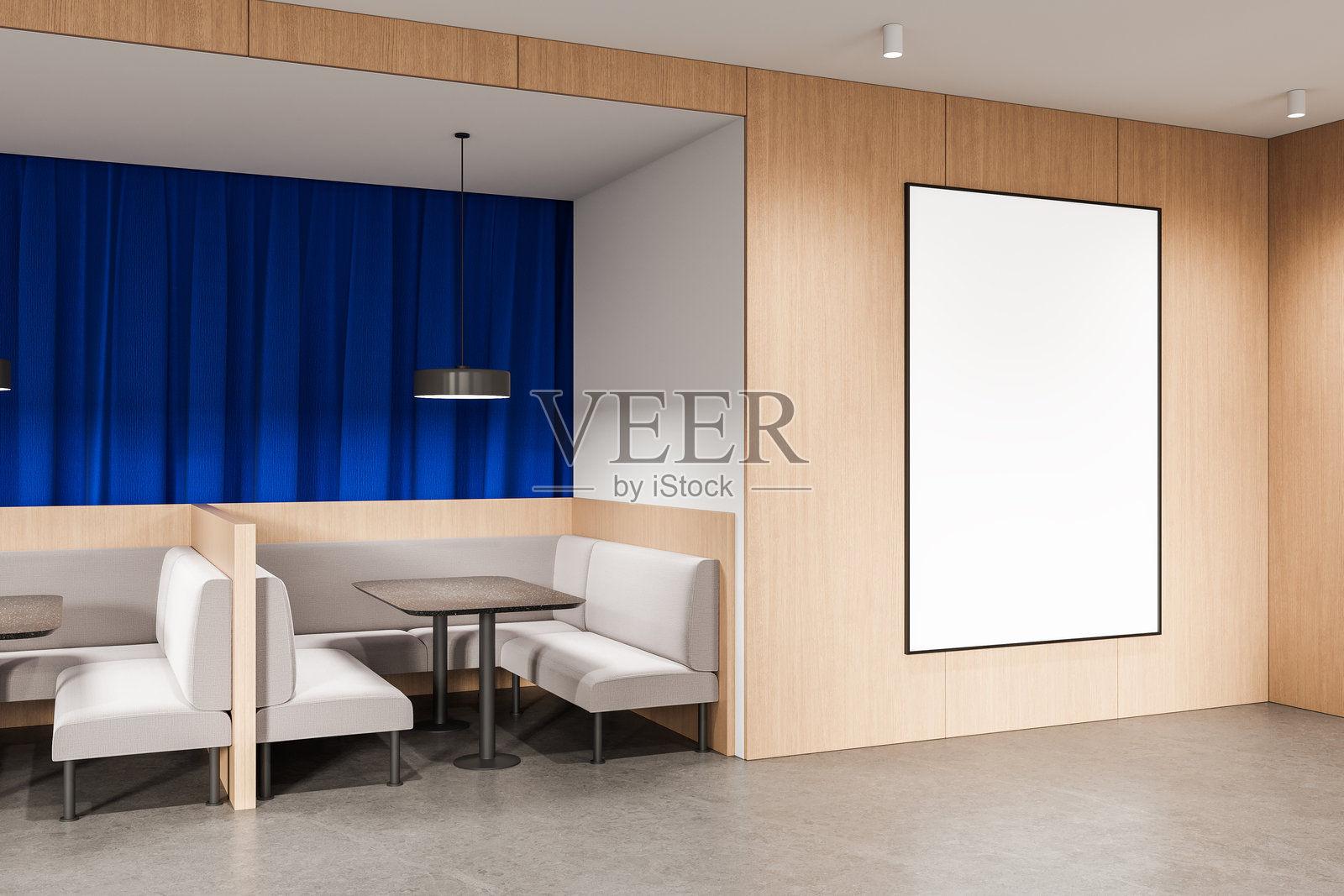现代咖啡馆室内木墙上的框架空白海报模型，配有蓝色窗帘和座位区，干净的设计模板概念布局。3D渲染。照片摄影图片
