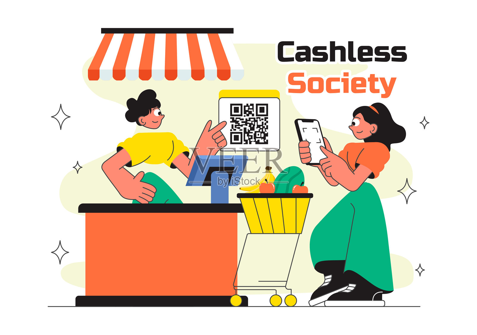 无现金社会支付矢量插图，展示移动交易、数字支付、信用卡机和背景中的加密技术插画图片素材