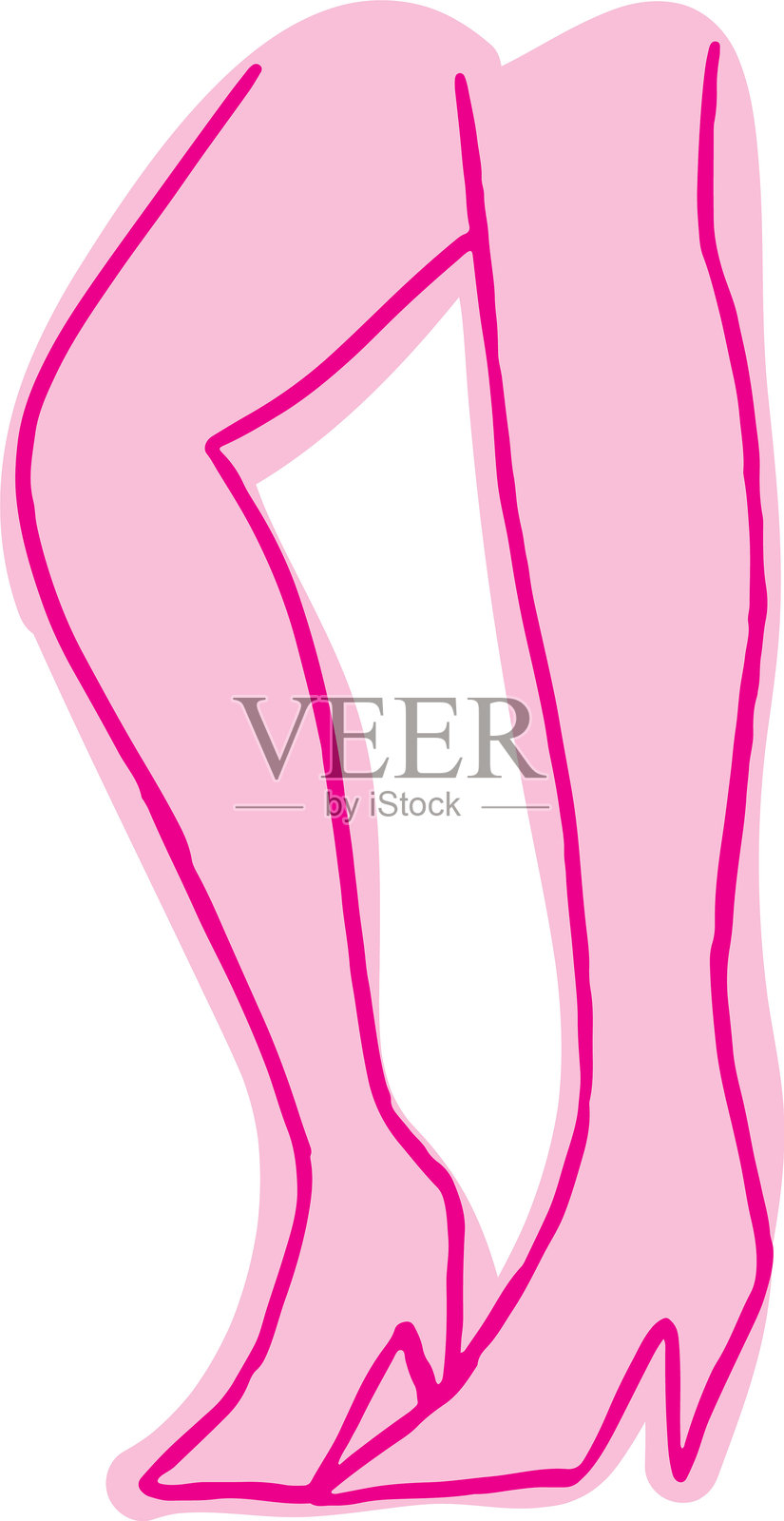 高跟鞋女性腿部插图，一条腿弯曲，侧面视角。带有曲线的粉色线条，涂鸦风格，粉色背景上的粉色线条，刷子绘制的涂鸦，矢量插图。插画图片素材