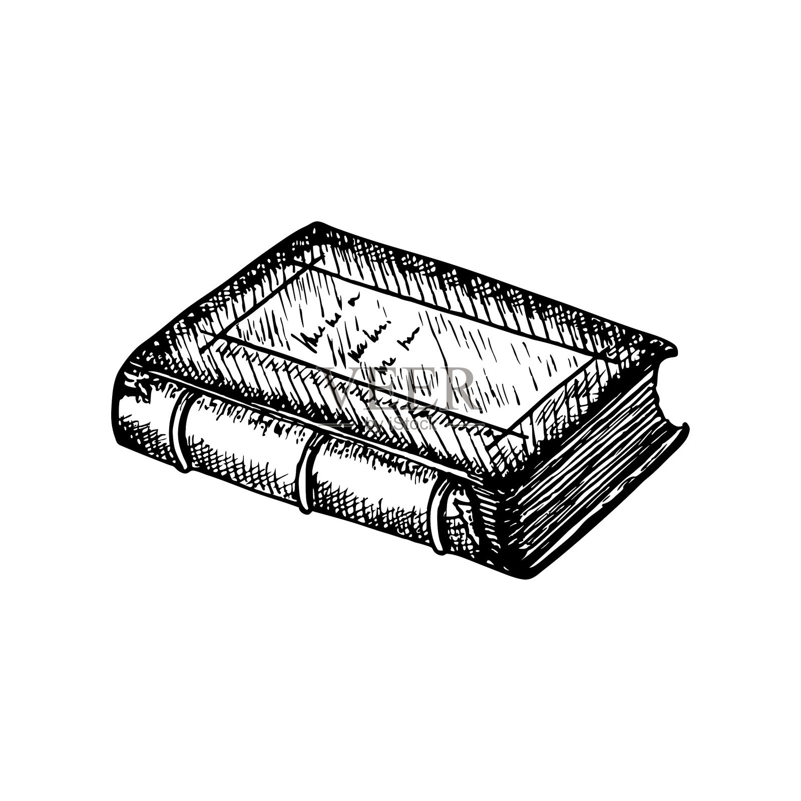 古老的咒语书 - 草图轮廓插图。一本古代知识的书籍，以雕刻风格绘制。手绘矢量线条艺术剪贴画插画图片素材