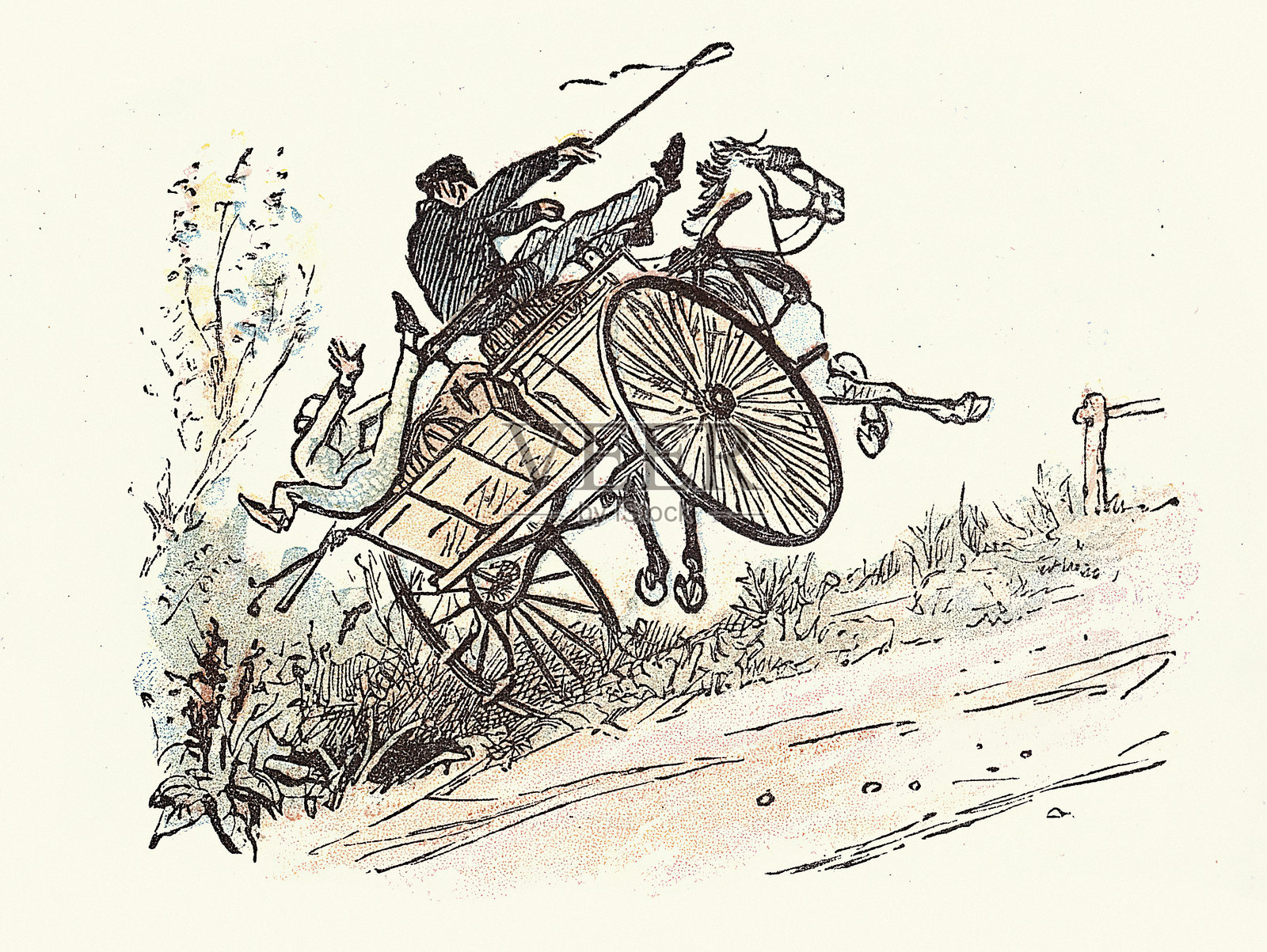 维多利亚时代的绅士驾驶马车，意外驶入沟渠，兰道夫·卡尔德科特，1880年代 19世纪插画图片素材