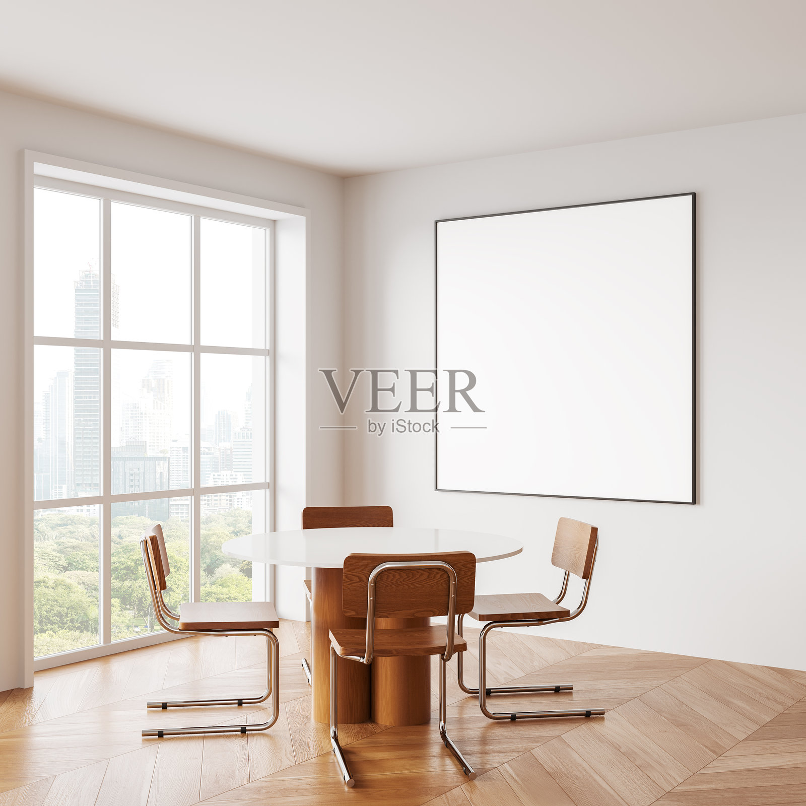 现代室内，墙上挂着空白海报框，圆桌旁有椅子。3D渲染图。照片摄影图片