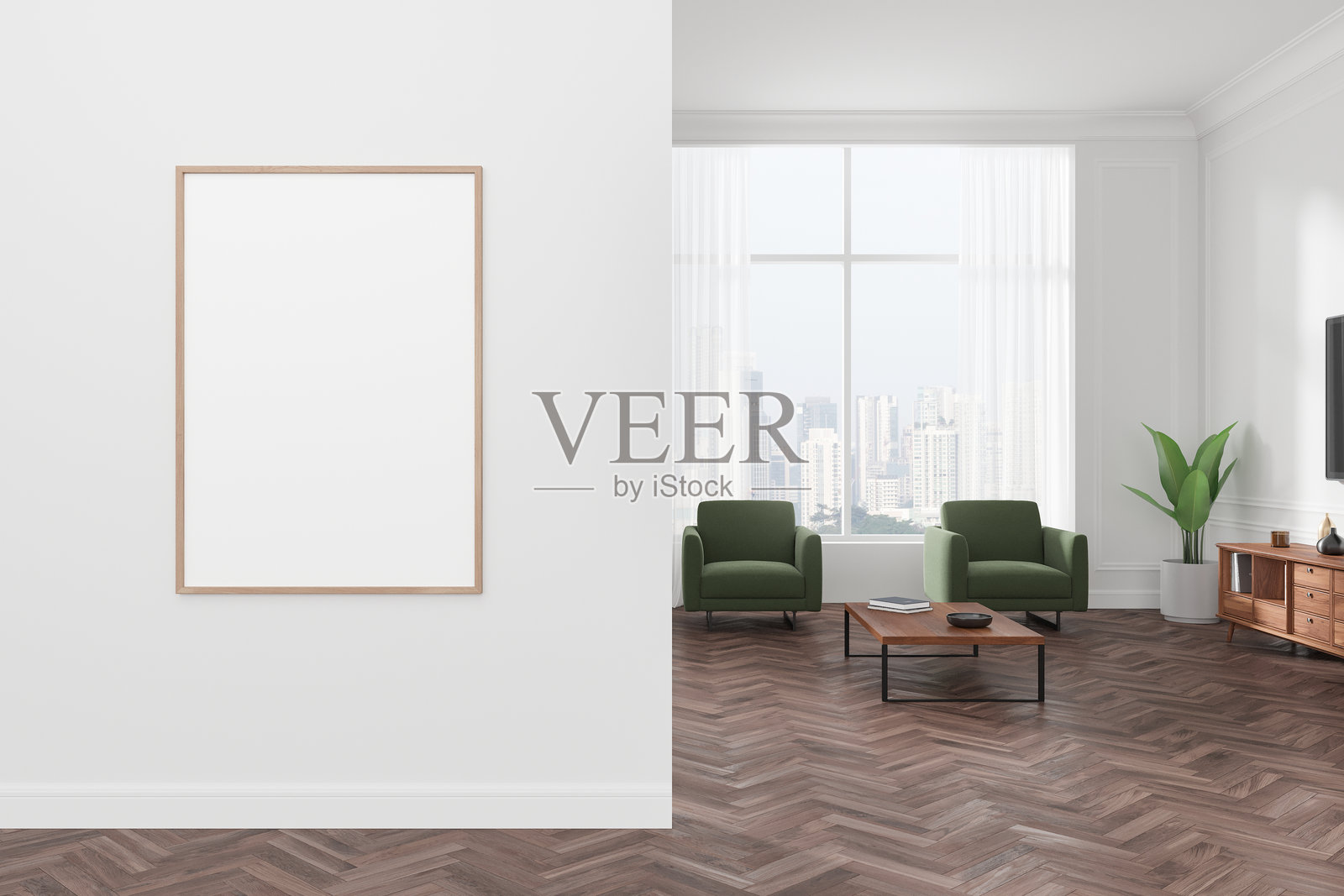 现代客厅内白墙上的空白海报模型。3D渲染。照片摄影图片