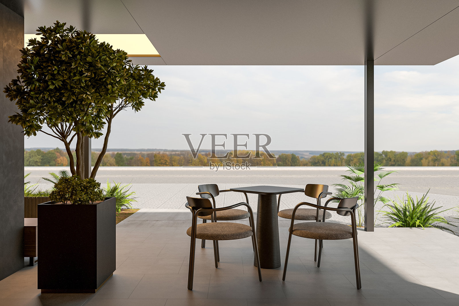 现代户外露台，享有迷人的风景视野和简约家具照片摄影图片