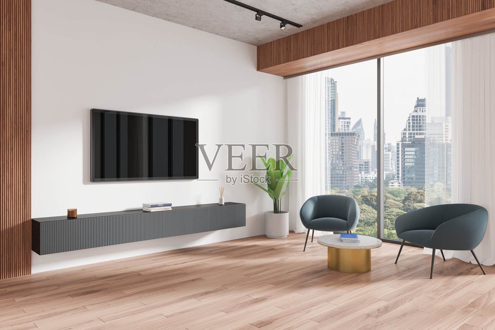 时尚的家居客厅室内，配有扶手椅和电视屏幕，设有全景窗户照片摄影图片