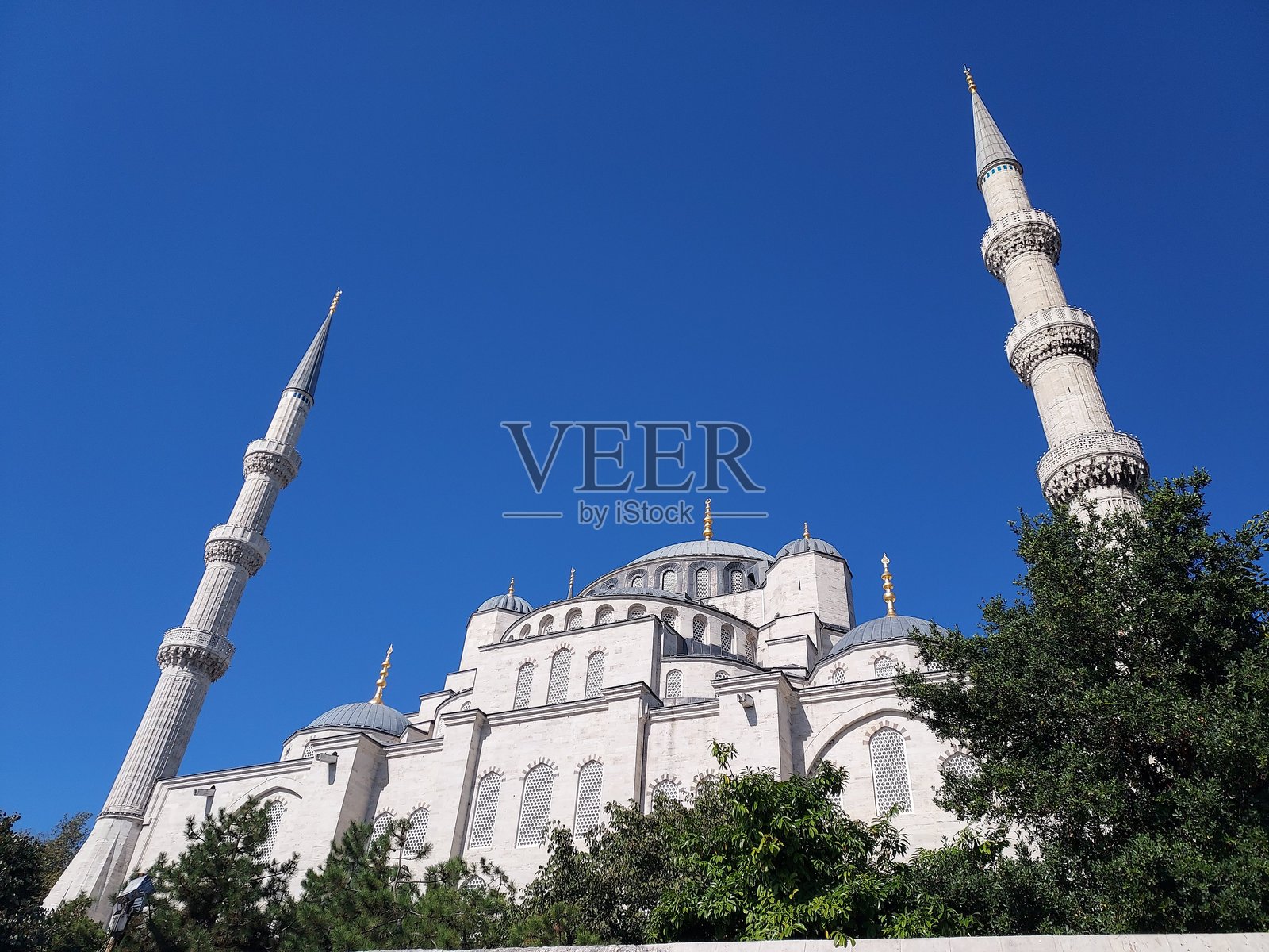 蓝天映衬下的大清真寺尖塔和圆顶照片摄影图片