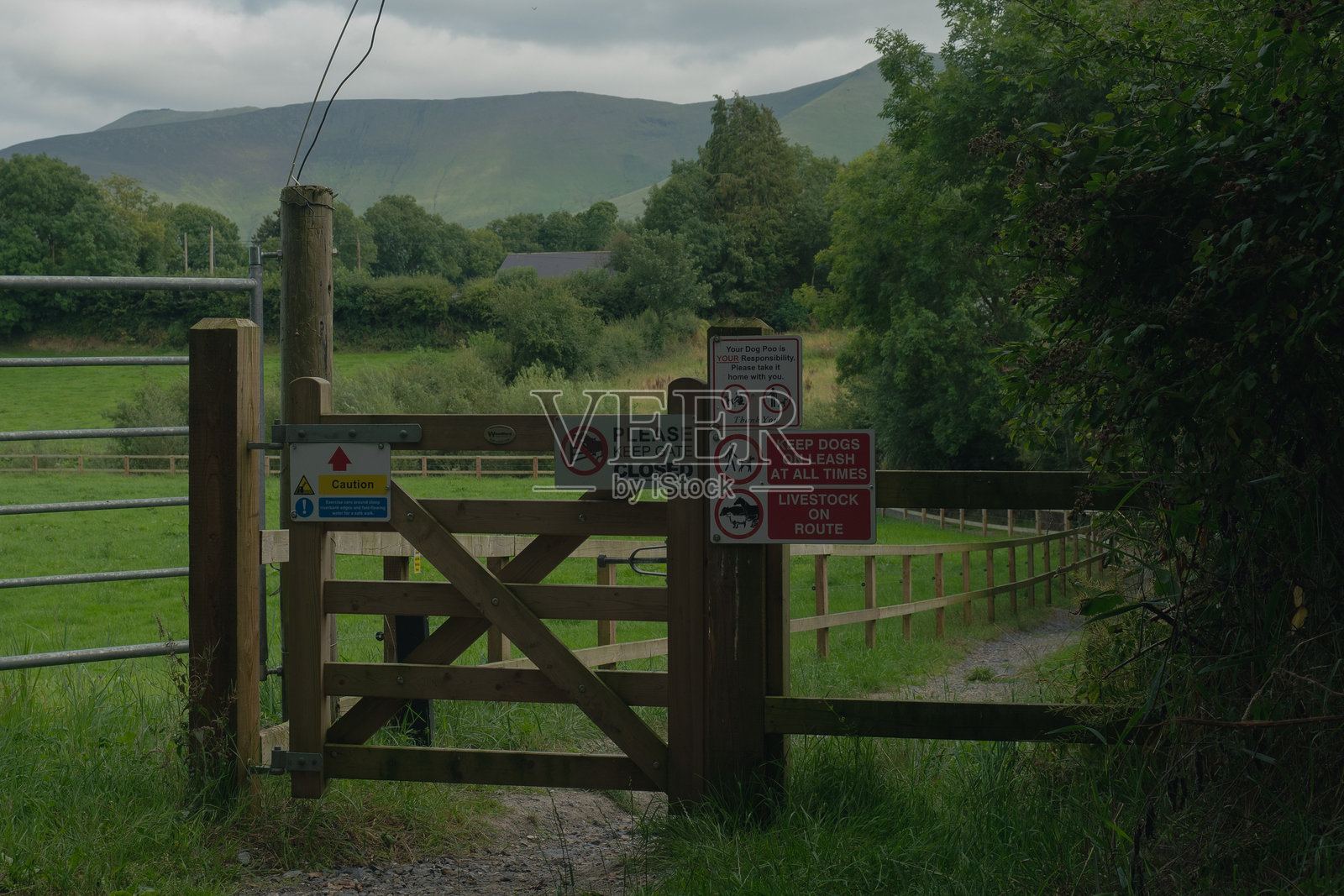 游客在宁静的下午遇到一扇通往郁郁葱葱的田野和柔和山丘的乡村乡土大门。照片摄影图片