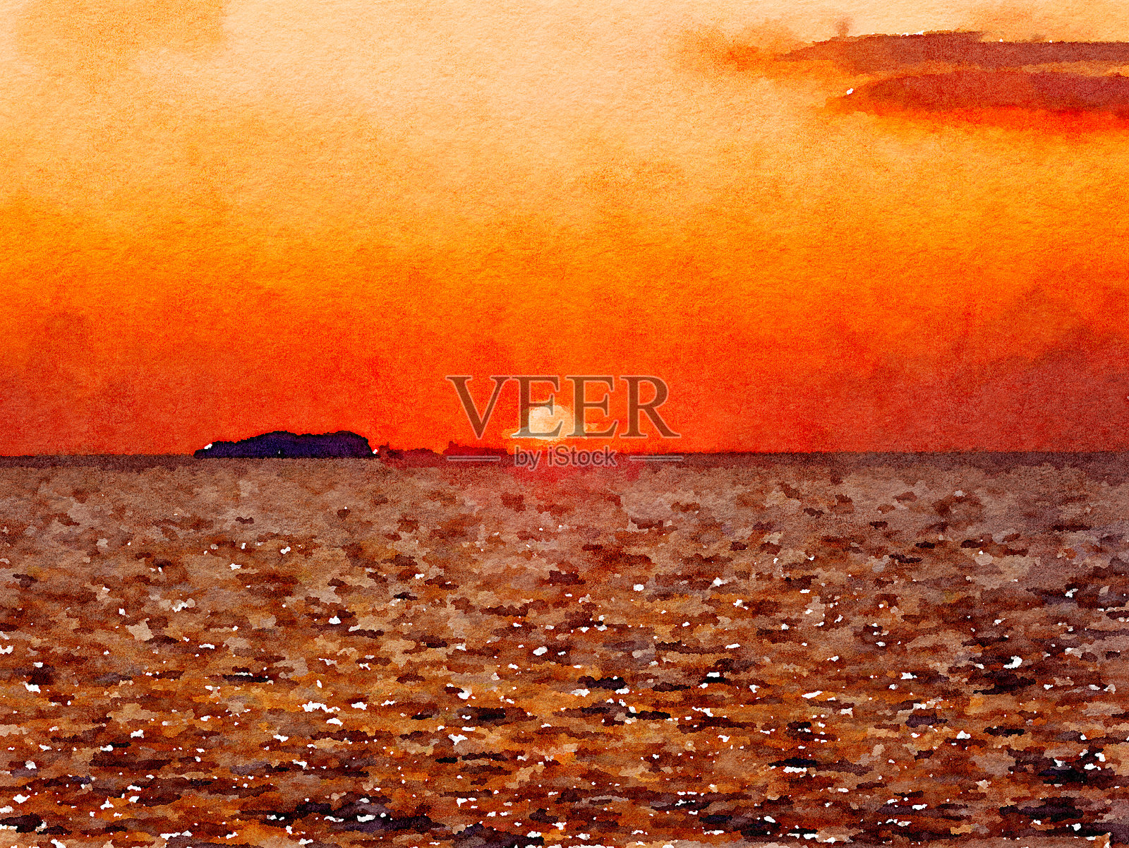 在彭布罗克郡海岸上，水彩画风格的令人惊叹的橙色日落海滩风景照片摄影图片