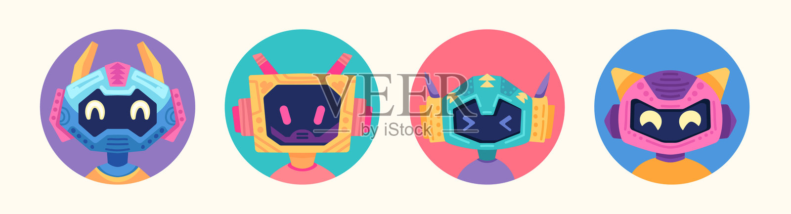 机器人头像矢量设计。不同可爱赛博格的圆形肖像，搞笑的人形机器。可爱的人工智能机器人面孔。矢量平面风格插图，适合用作头像和贴纸。插画图片素材