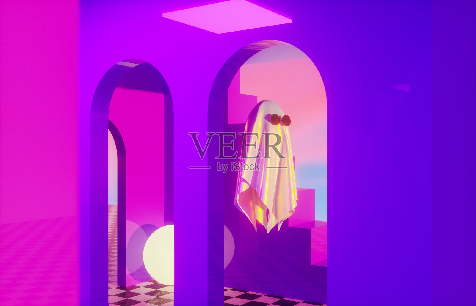 超现实的万圣节场景，带有可爱的鬼魂和梦幻般的建筑。3D渲染。照片摄影图片