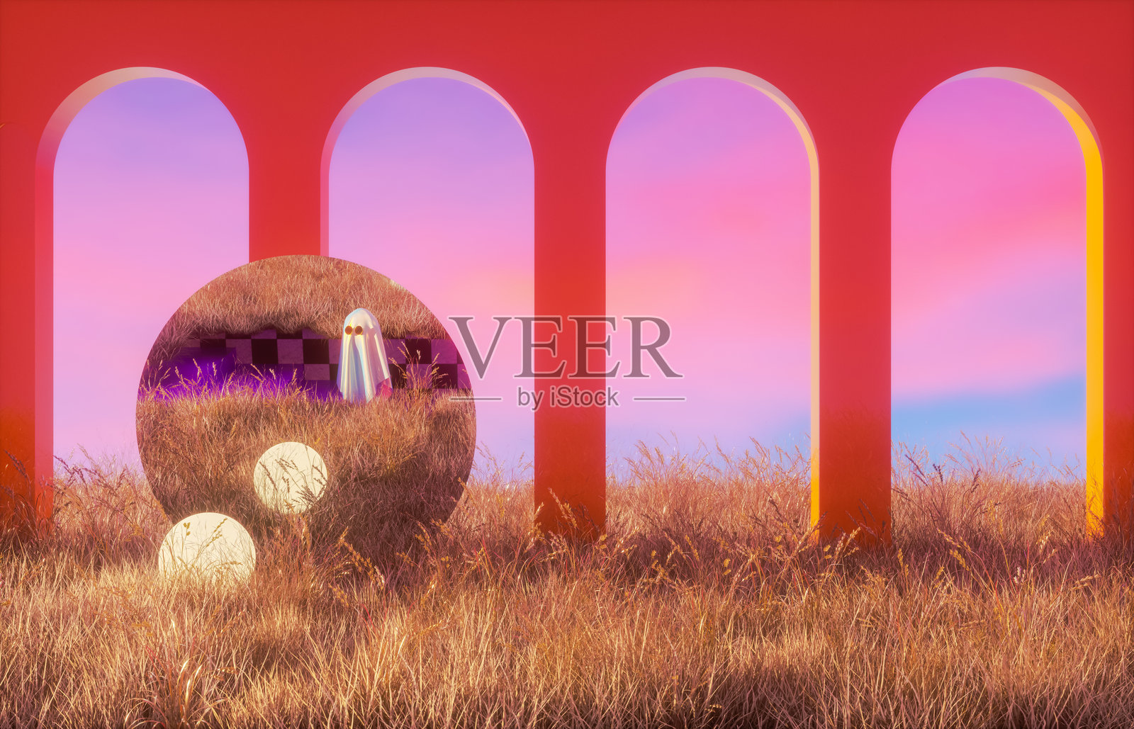 超现实的万圣节场景，干草地景观中有可爱的鬼魂。3D渲染。照片摄影图片