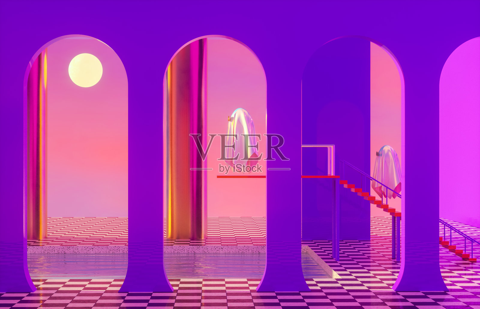 超现实的万圣节场景，游泳池里有可爱的鬼魂。3D渲染。照片摄影图片