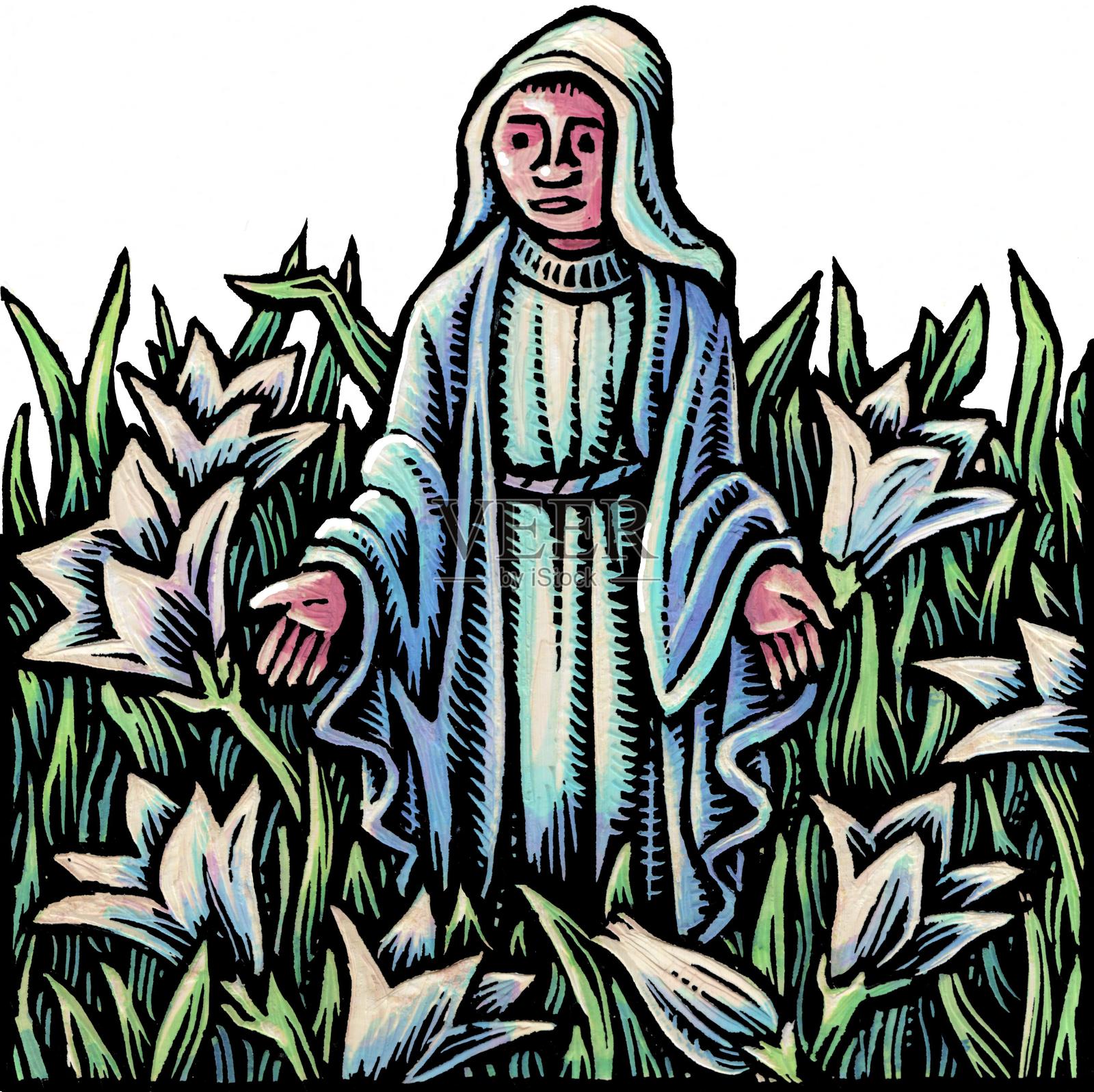 白色复活节百合花园中的圣母玛利亚雕像插画图片素材