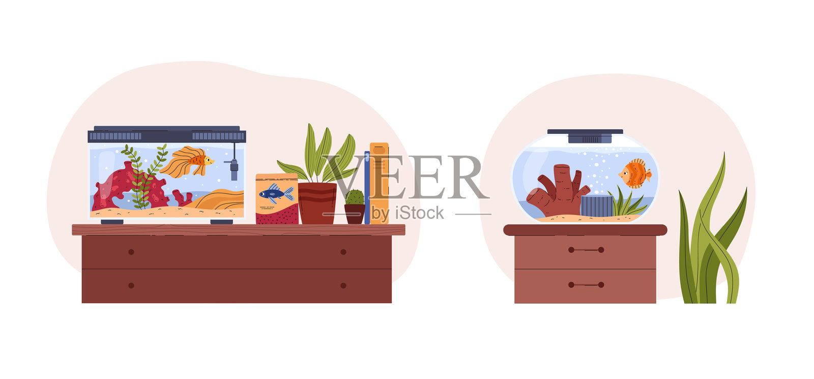 玻璃家用水族箱和鱼缸，内有金鱼、珊瑚、海藻和配件，卡通海洋宠物矢量孤立图集插画图片素材