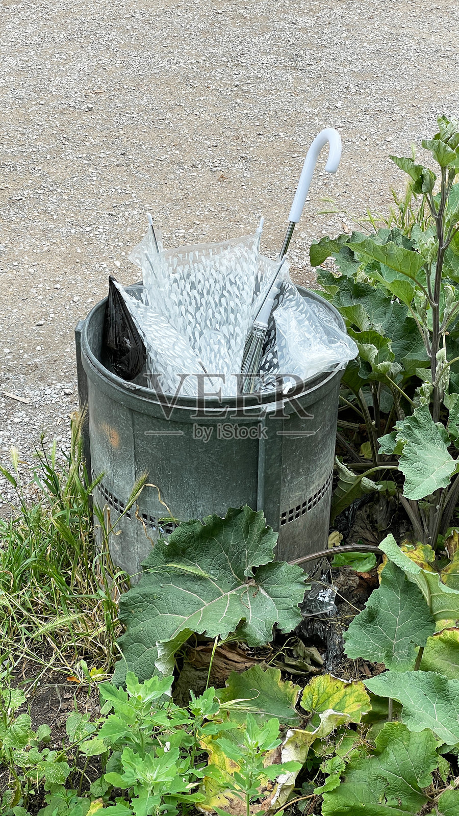 被丢弃的破伞扔进户外垃圾桶或垃圾箱照片摄影图片