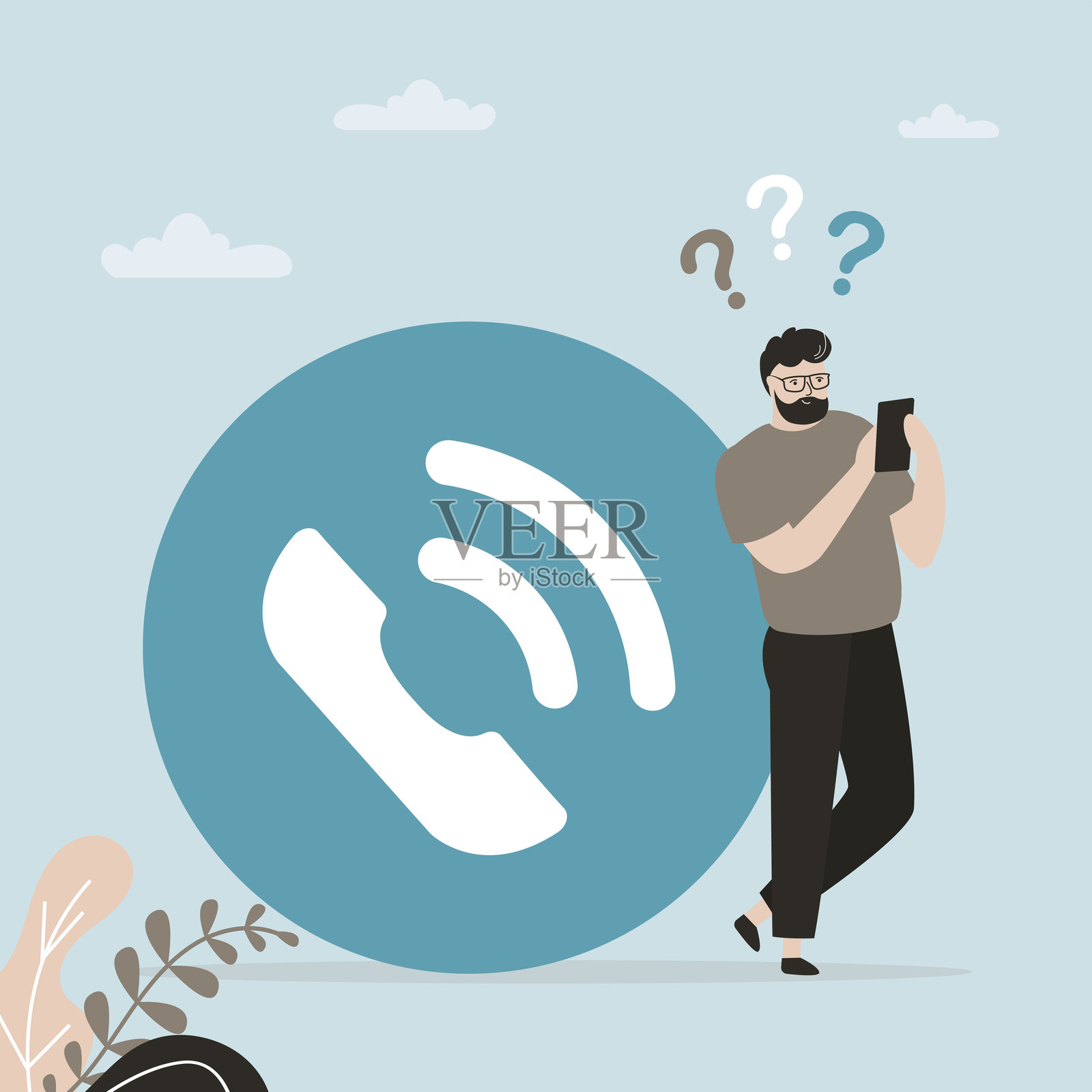 男性角色站在巨大的收入符号或按钮旁边，接听来电。电话通话。通讯设备。插画图片素材