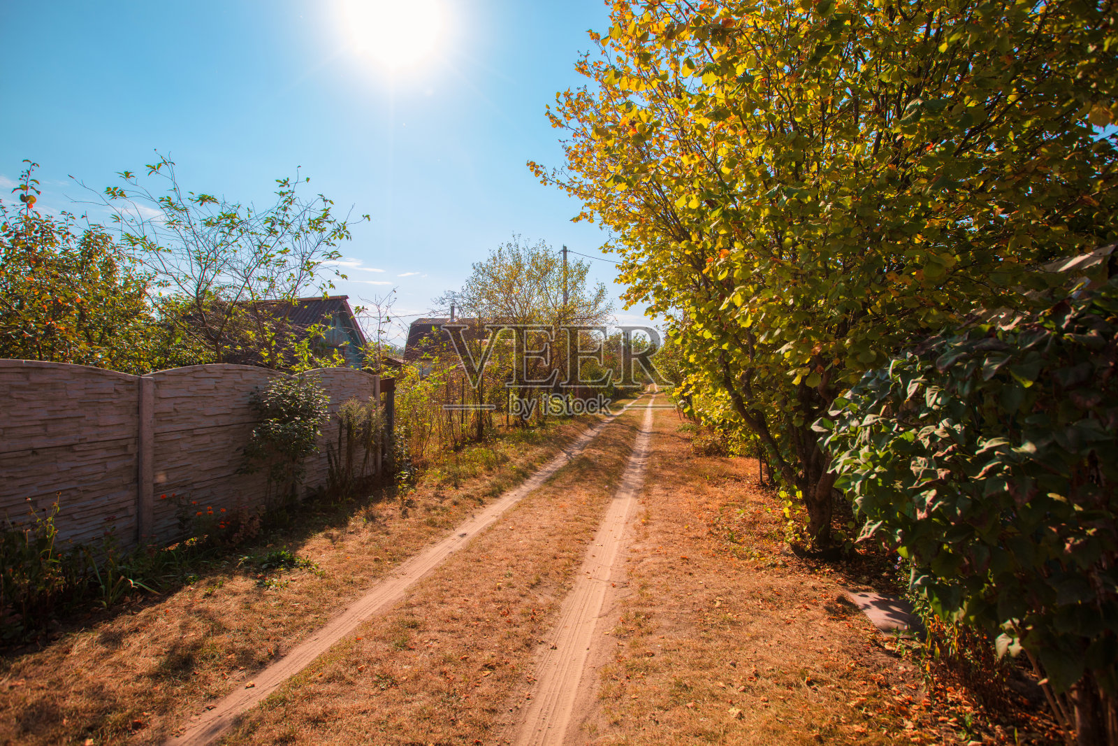 一条道路穿过一个荒凉的夏季小屋村庄的风景。照片摄影图片