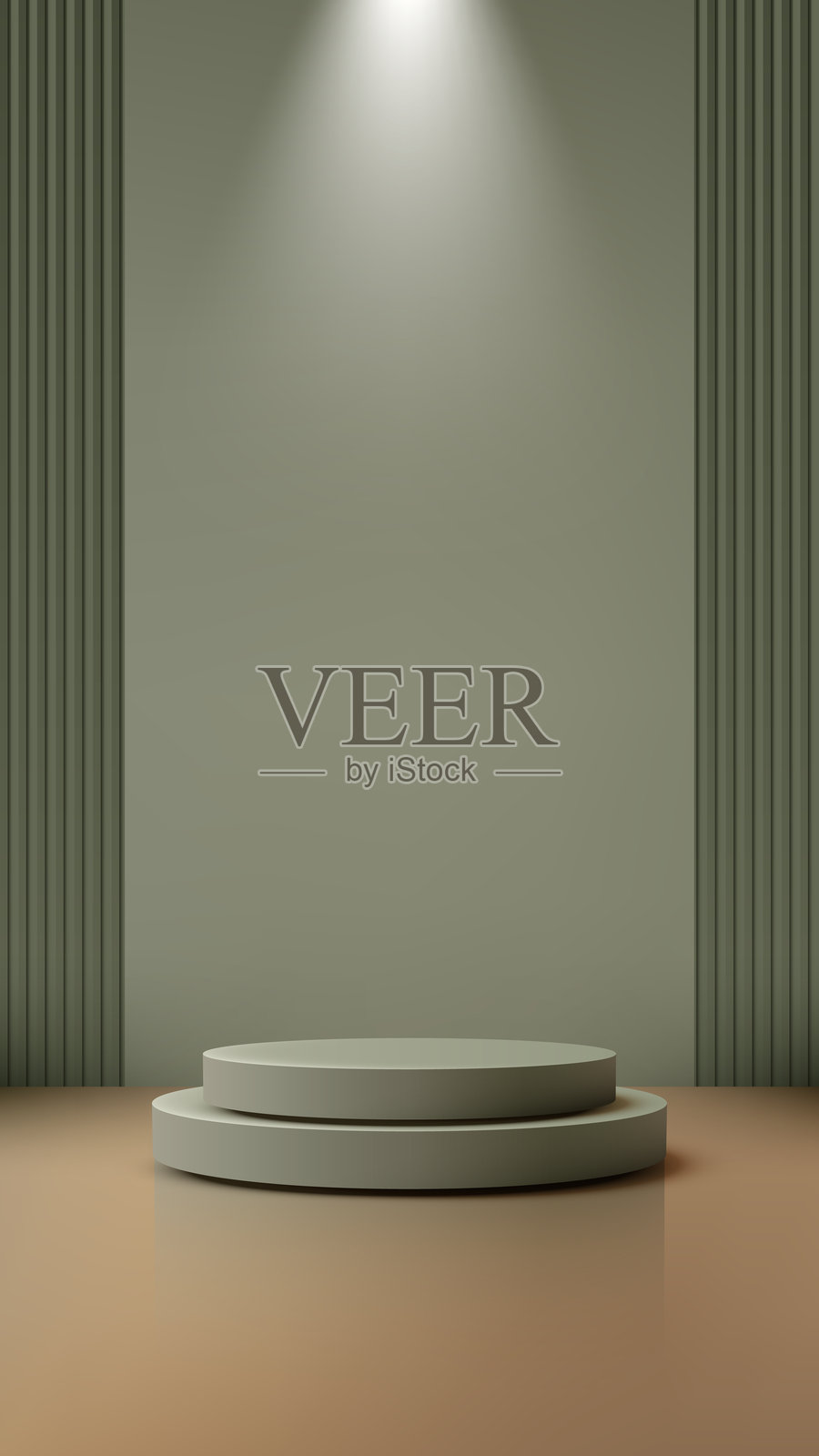 现代绿色背景和聚光灯反射表面的产品展示台模型，简约展厅舞台底座，抽象3D设计，用于品牌和商业展示。插画图片素材