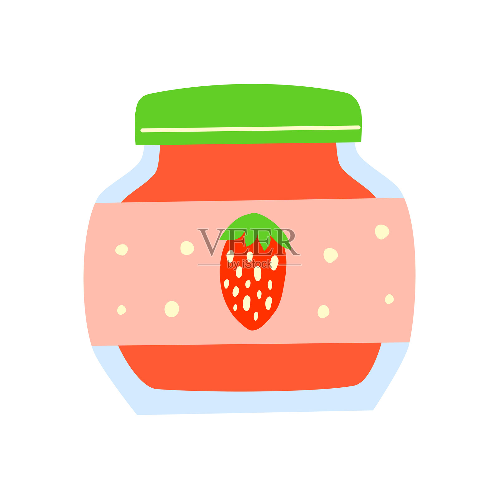 Cute flat hand drawn strawberry jam in glass bottle with label.插画图片素材