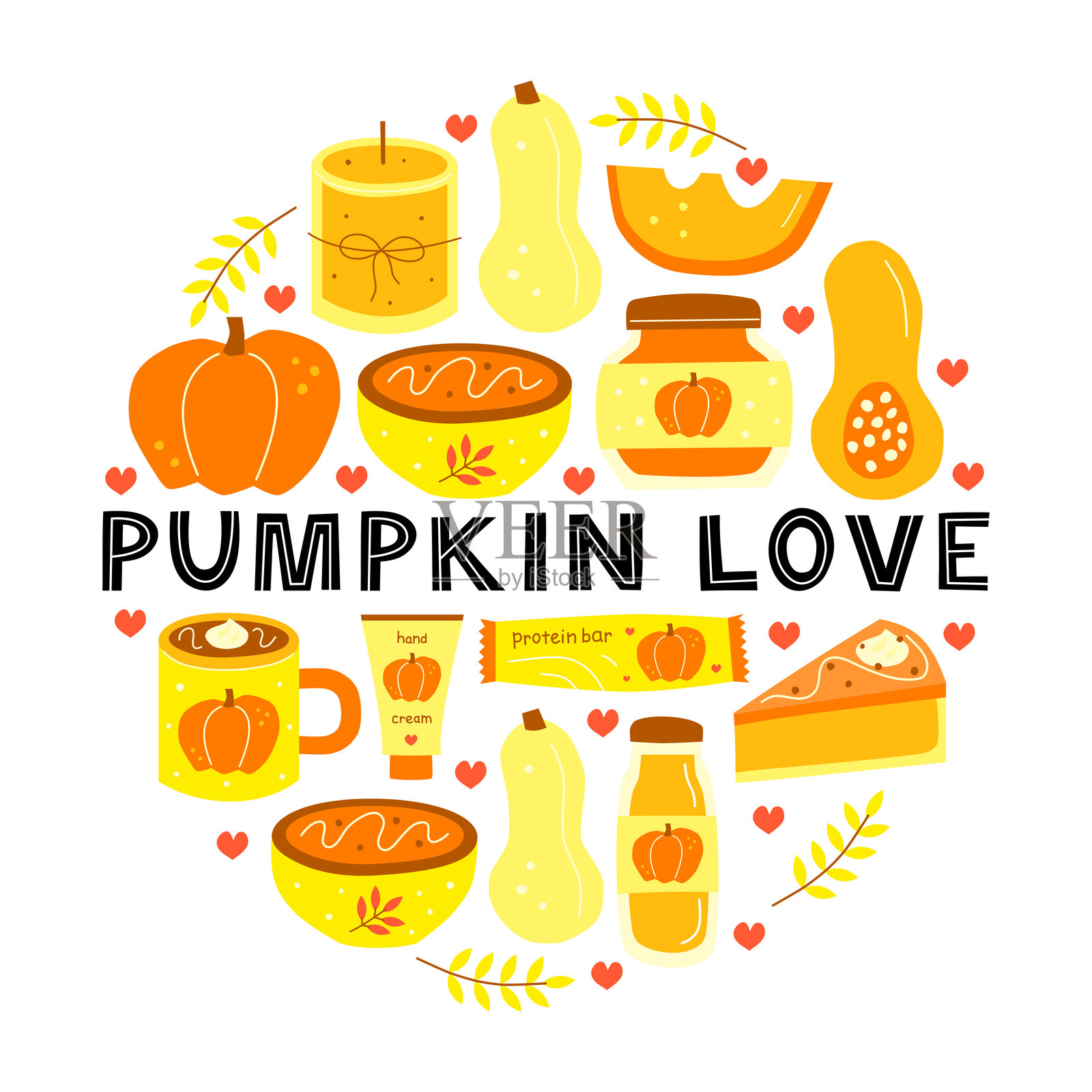 Cute hand drawn flat pumpkin seasonal autumn food and icons in circle shape.插画图片素材