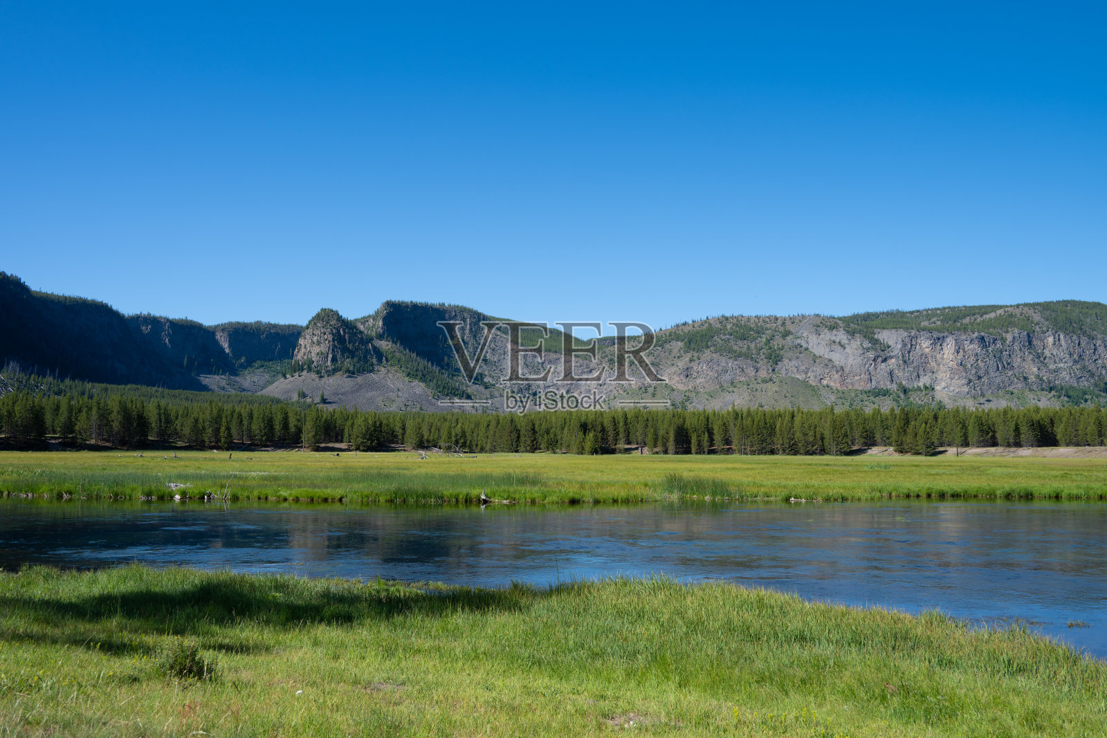 黄石河在国家公园的山谷中流淌的美景照片摄影图片