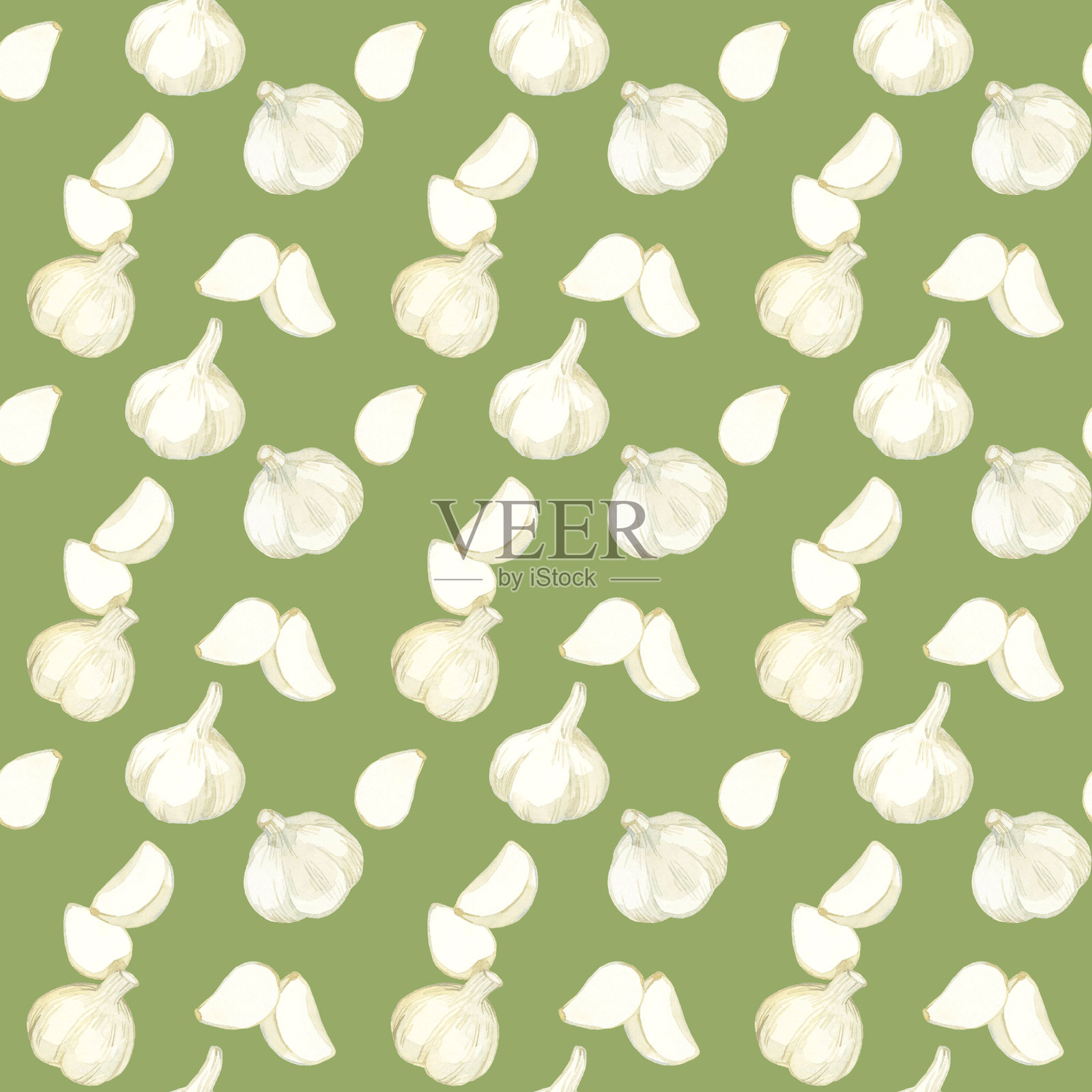 无缝大蒜图案。手绘水彩插图背景素材。插画图片素材
