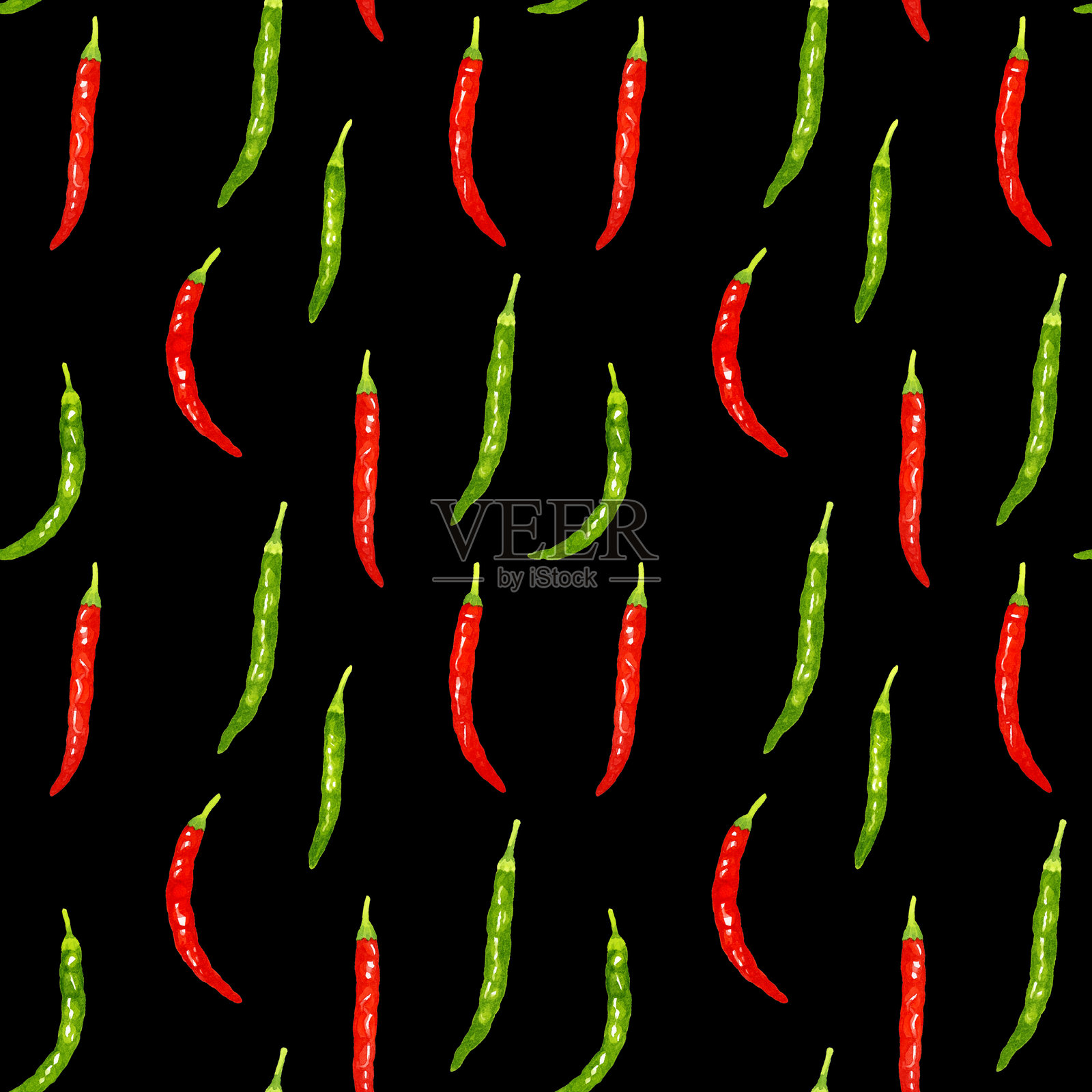 绿色辣椒和红色辣椒的无缝图案。手绘水彩插图背景素材，展示蔬菜和调味品。插画图片素材